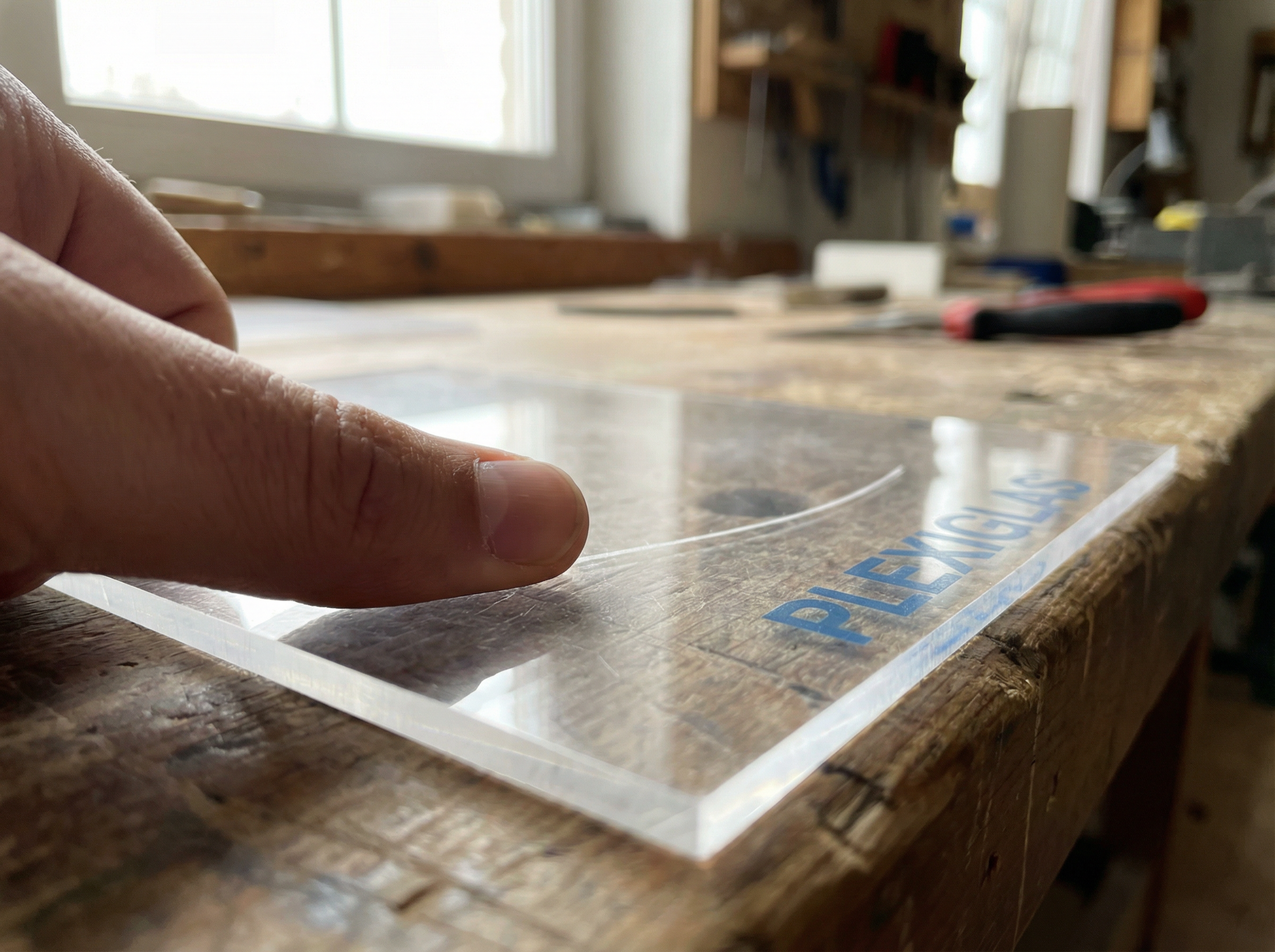 Fingernagel-Test an verkratztem Acrylglas zur Bestimmung der Kratzertiefe
