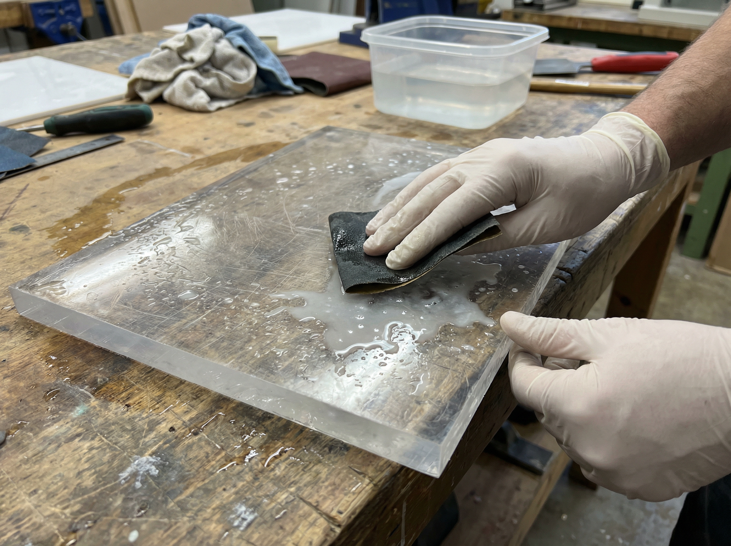 Nassschliff mit Schleifpapier an Acrylglasscheibe zum Entfernen tiefer Kratzer