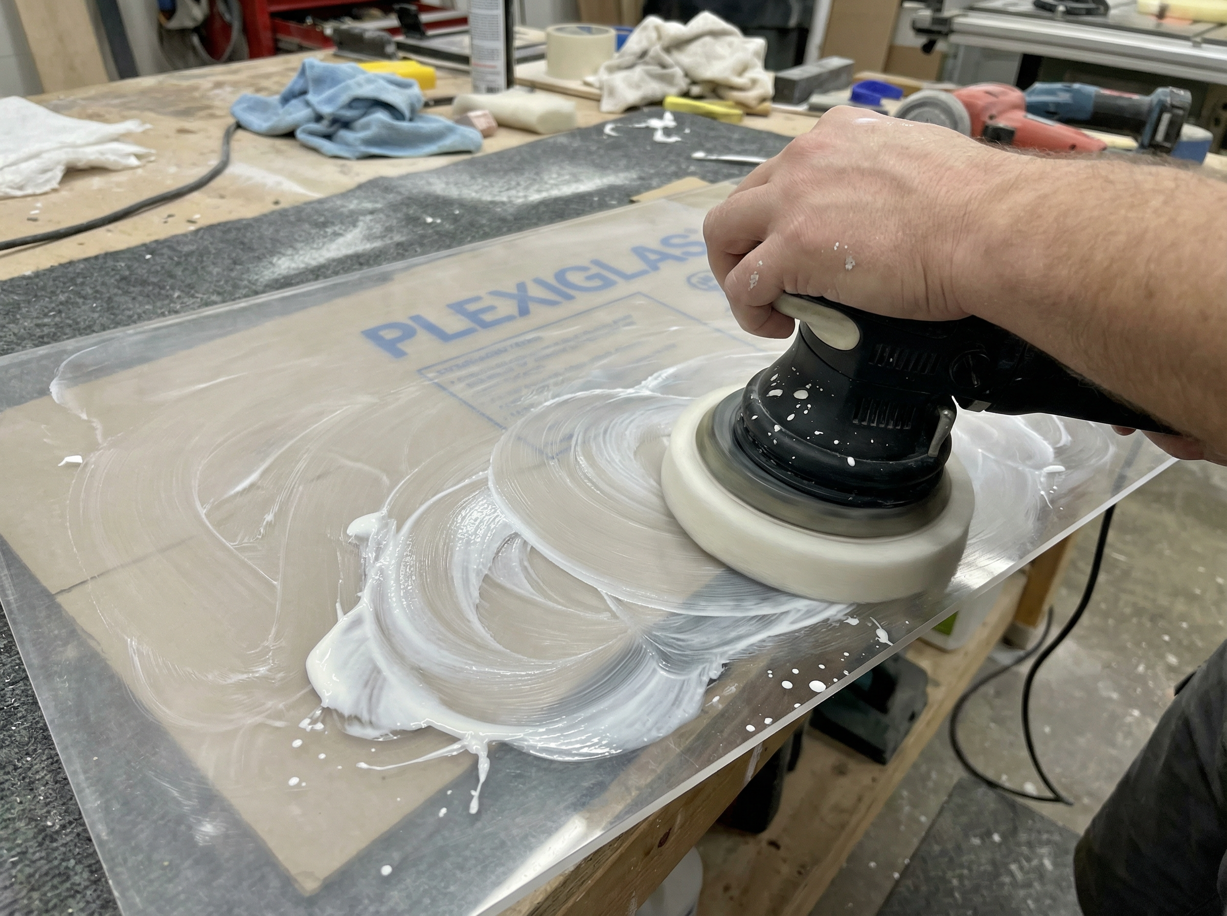 Poliermaschine beim Acrylglas polieren für professionelles Ergebnis nach dem Schleifen