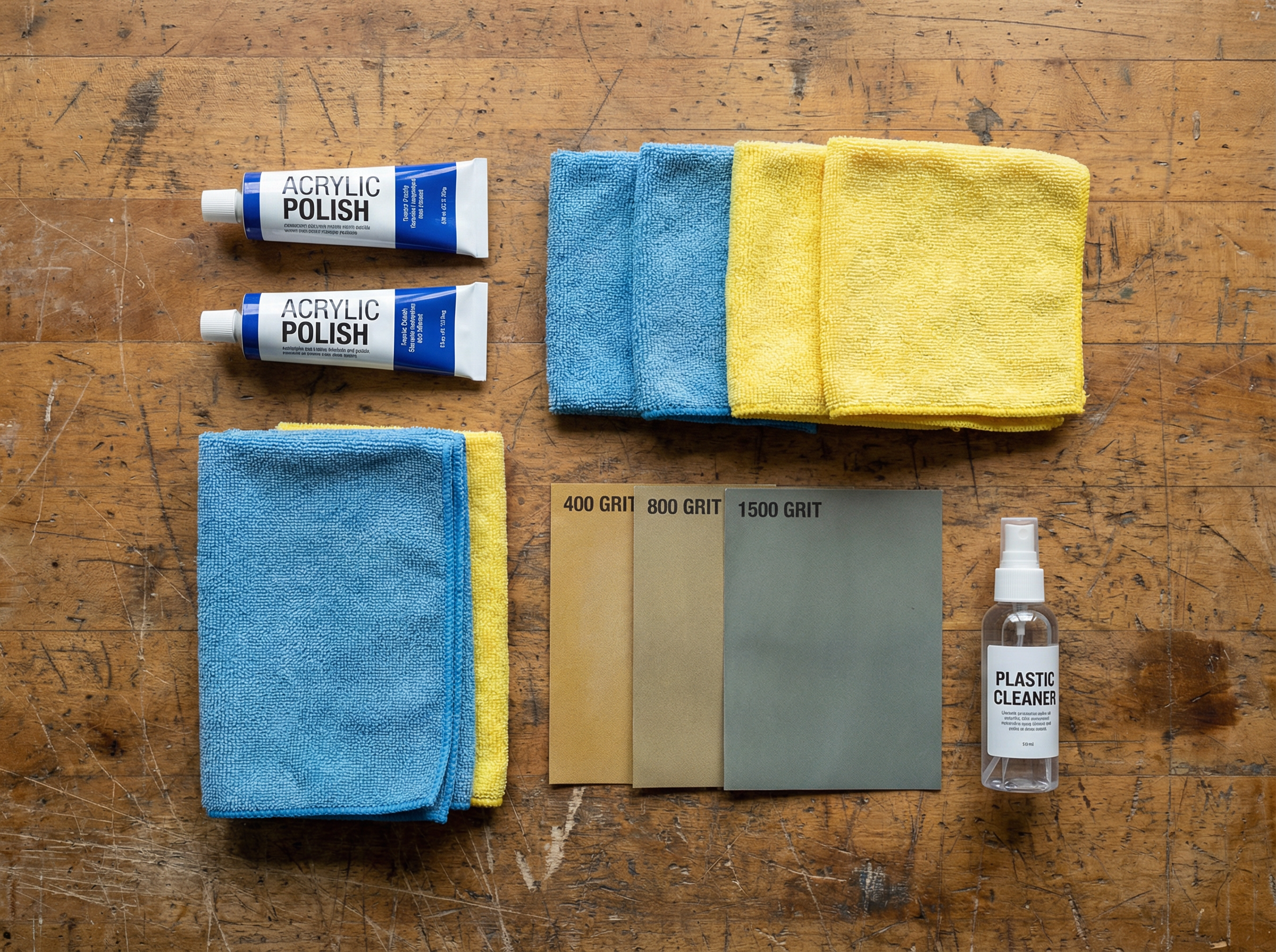 Poliermittel und Schleifpapier für Acrylglas: Politur, Mikrofasertücher und Nassschleifpapier
