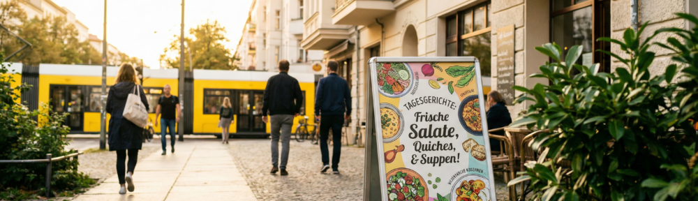 Kundenstopper mit buntem Speisen-Poster vor Berliner Café auf dem Gehweg – typische Straßenszene