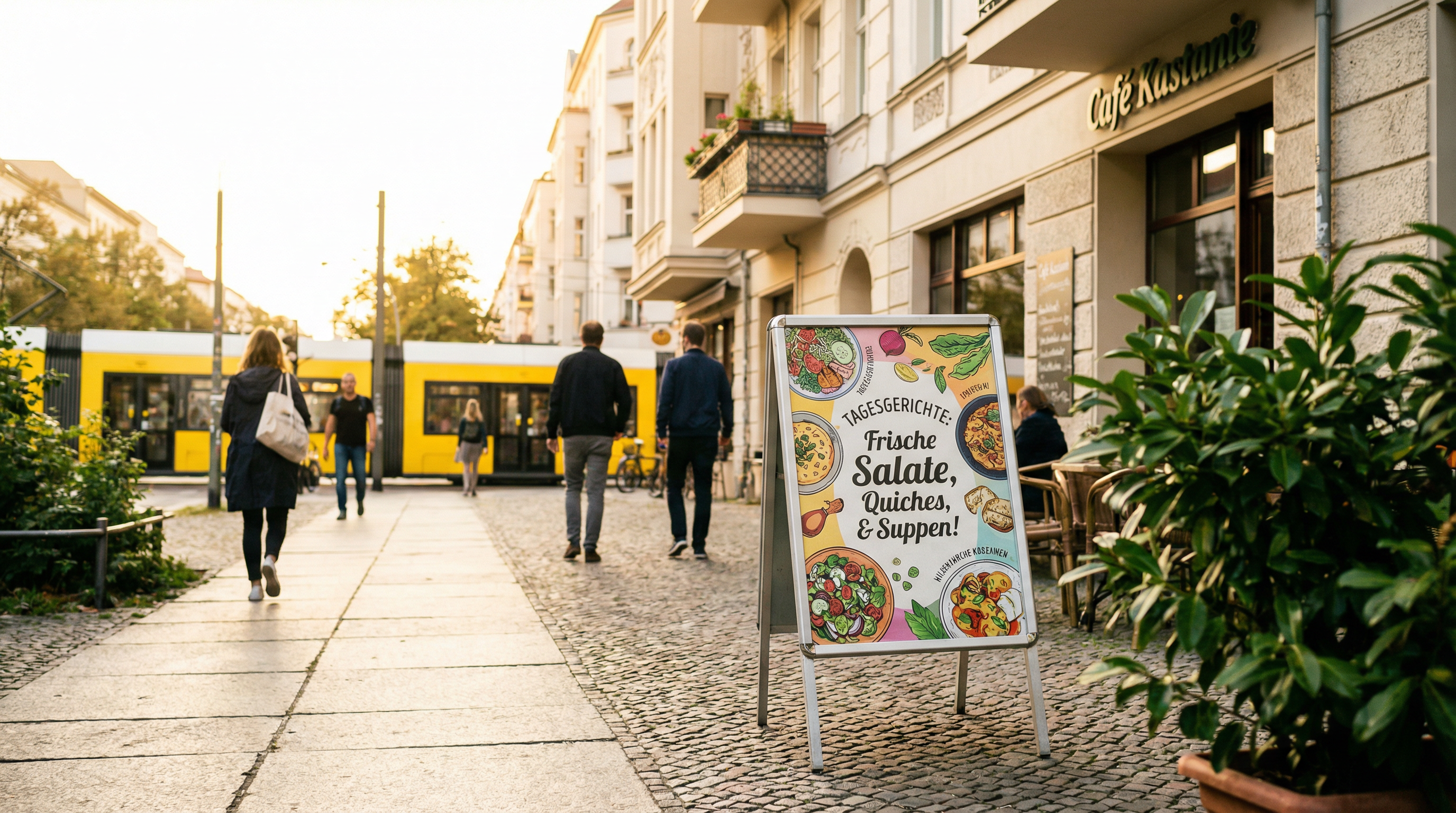 Kundenstopper und Plakatständer als Werbemittel vor einem Berliner Café — Genehmigung erforderlich
