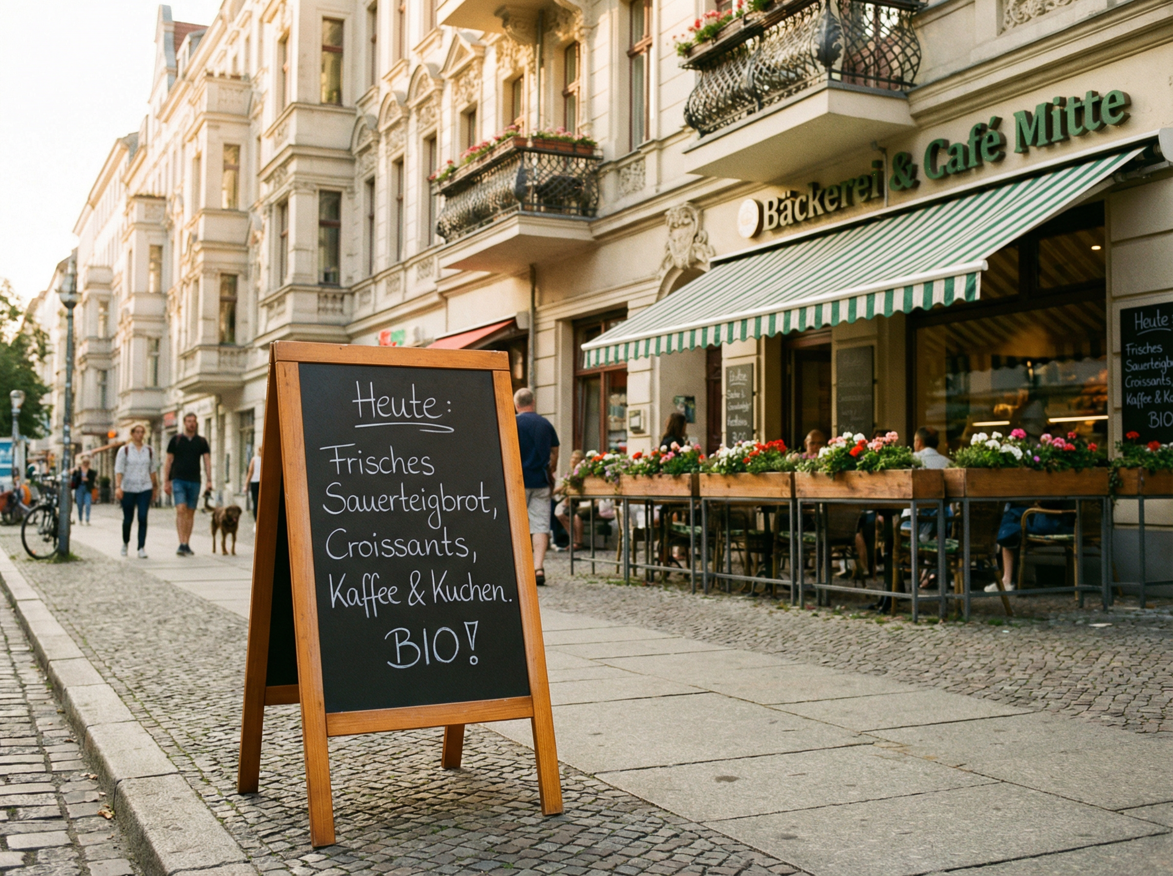Kundenstopper Kreidetafel vor einer Berliner Bäckerei auf dem Gehweg