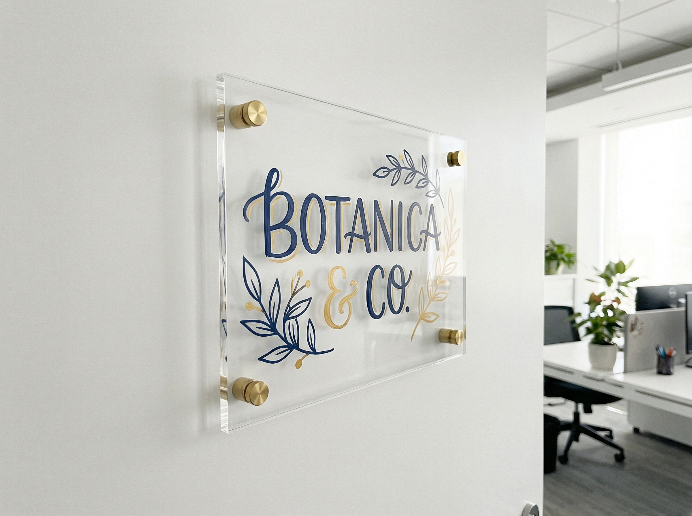Handbemaltes Firmenschild aus Acrylglas mit goldener Schrift an einer Bürotür