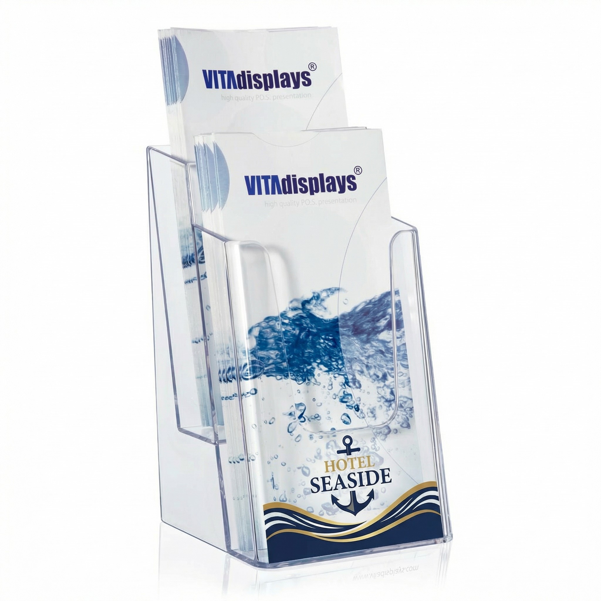 Bedruckter Flyerständer NE-120 mit zwei Etagen und Hotel-Branding im UV-Direktdruck