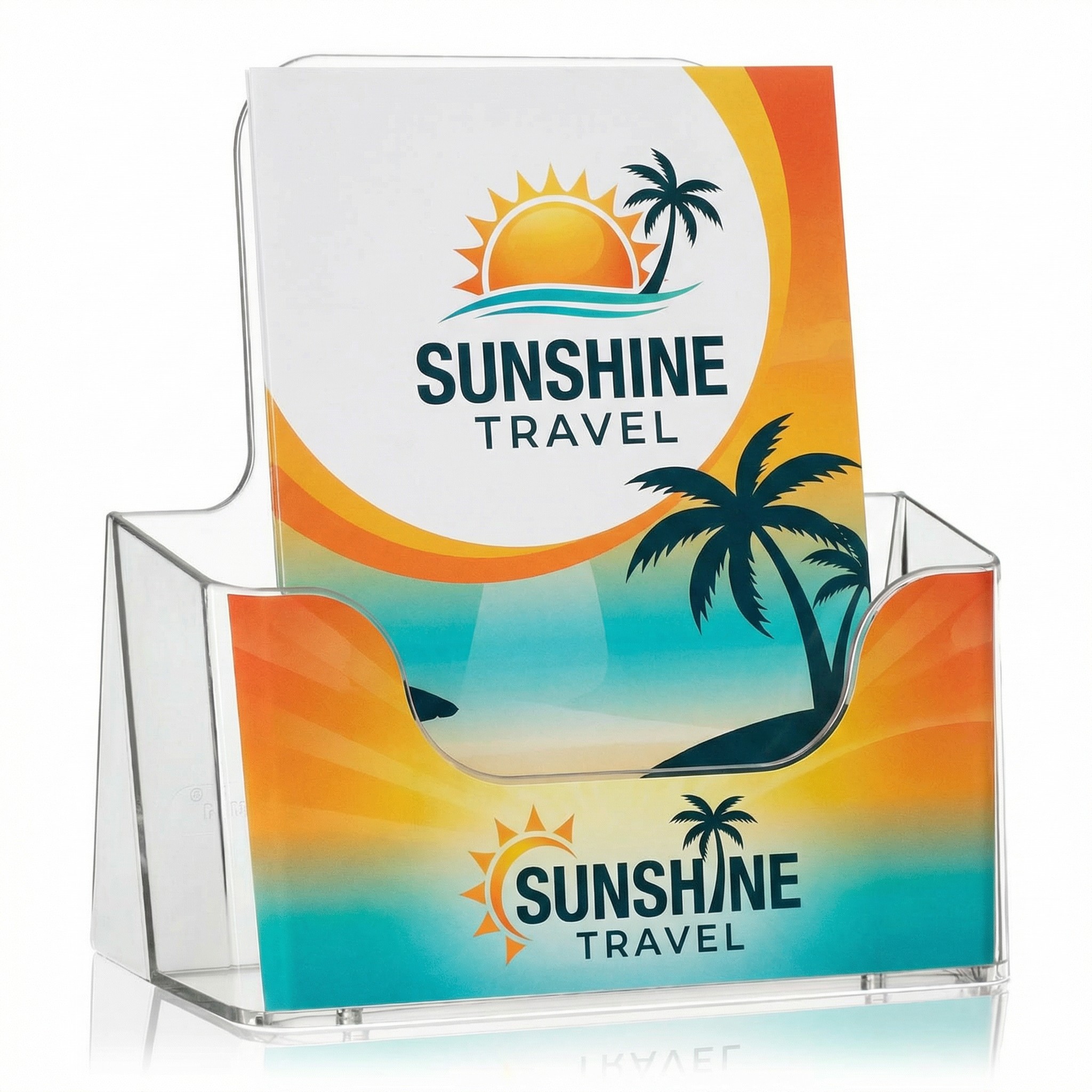 Bedruckter Flyerständer NE-166 DIN A5 mit Reisebüro-Branding im UV-Direktdruck