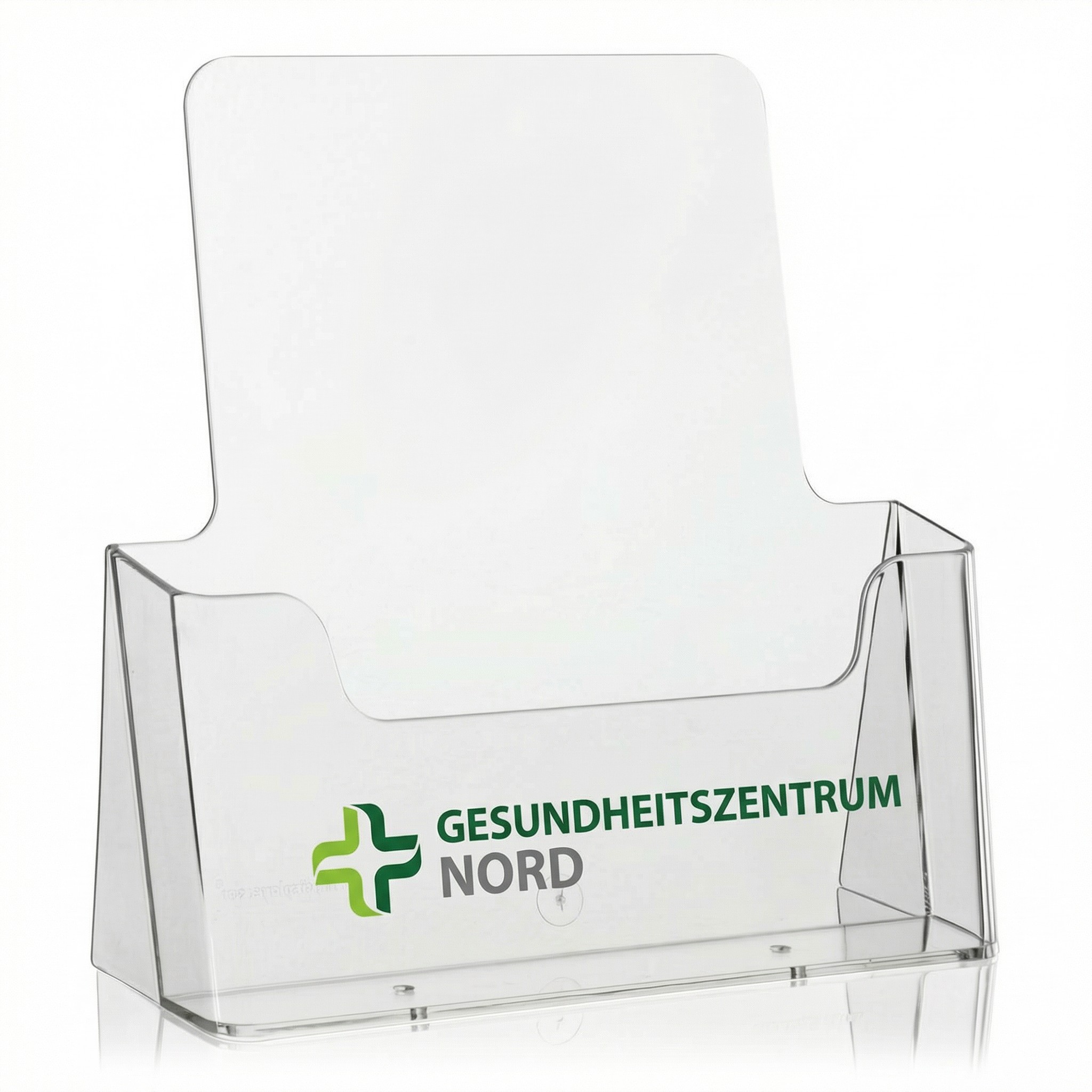Bedruckter Tischprospektständer NE-233 DIN A4 mit Arztpraxis-Logo im UV-Direktdruck