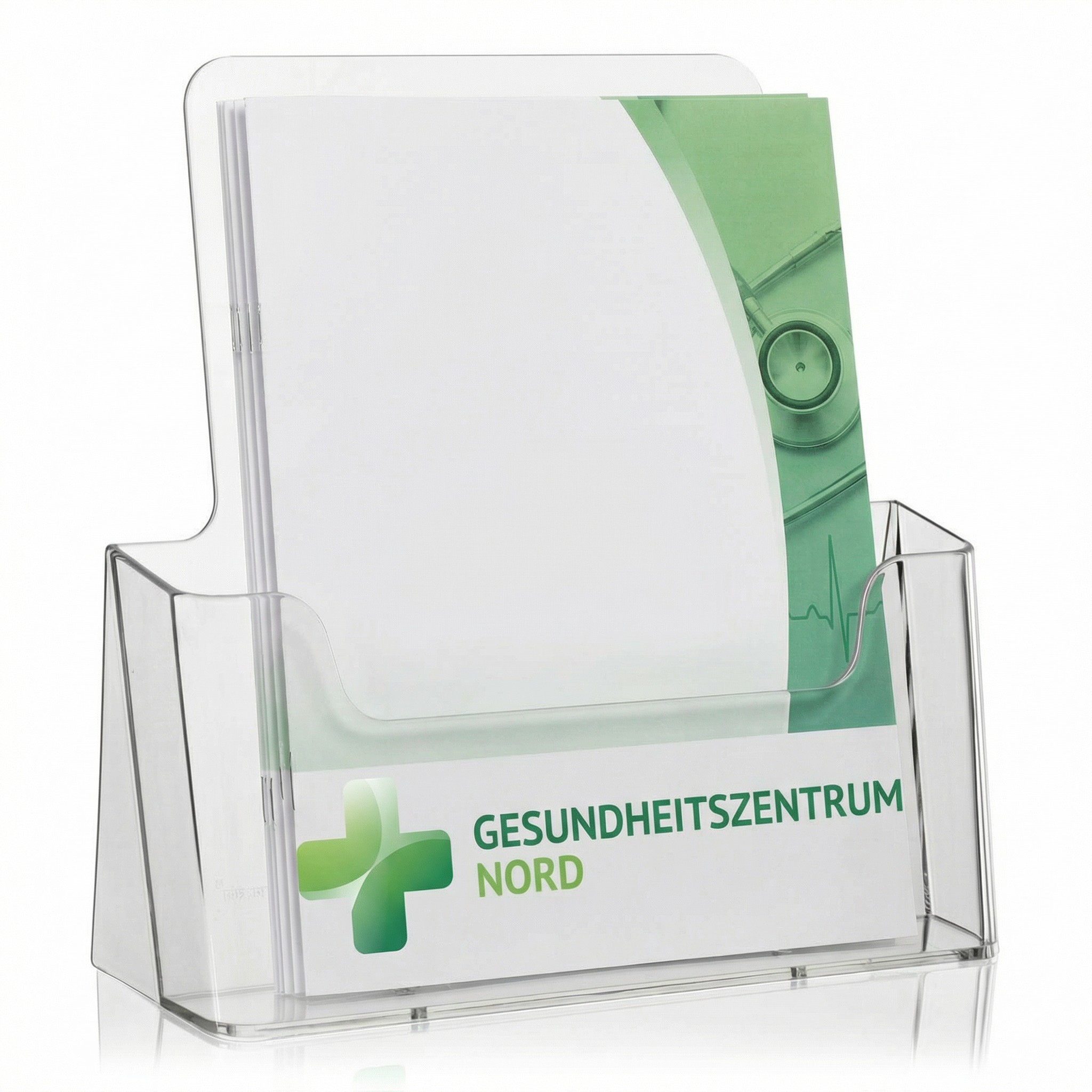 Bedruckter Tischprospektständer NE-233 DIN A4 mit Arztpraxis-Logo im UV-Direktdruck