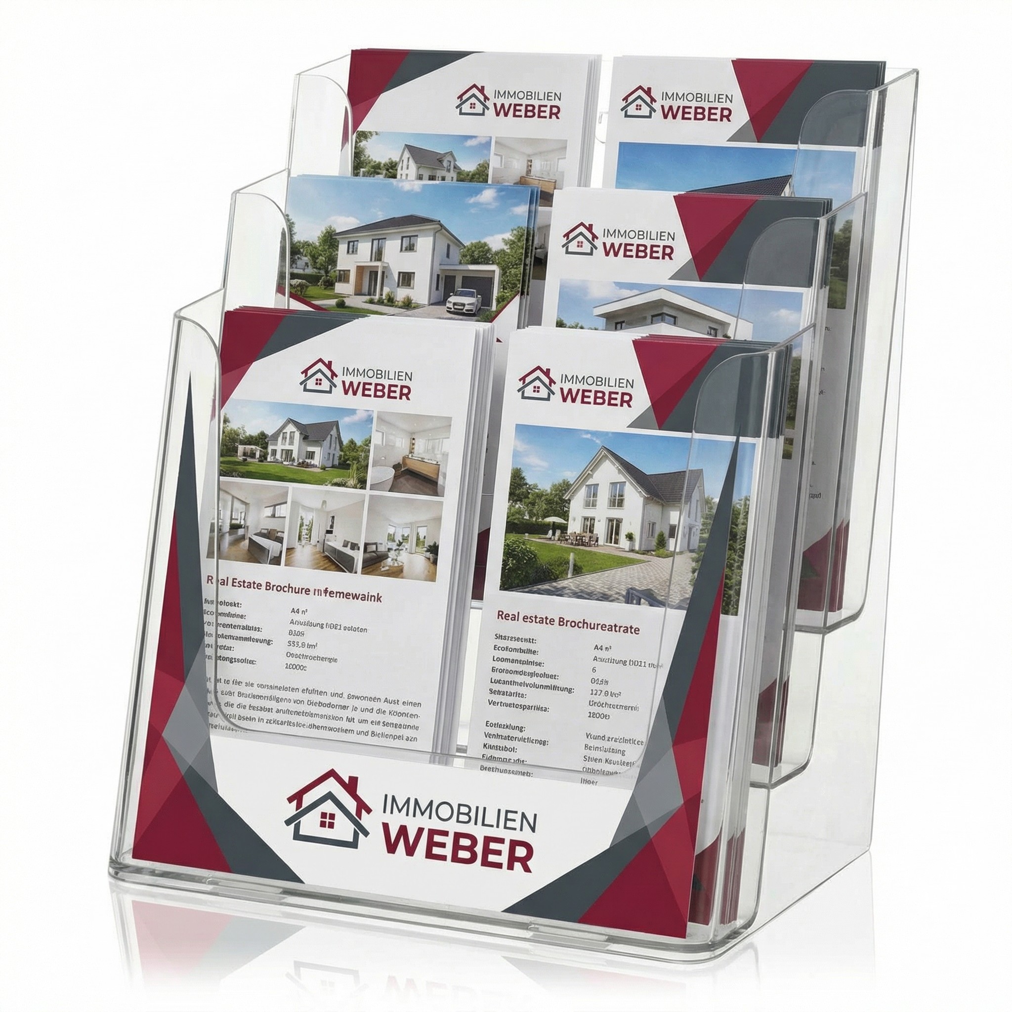 Bedruckter Tischprospektständer NE-240 mit 3 Etagen und Immobilien-Branding im UV-Direktdruck