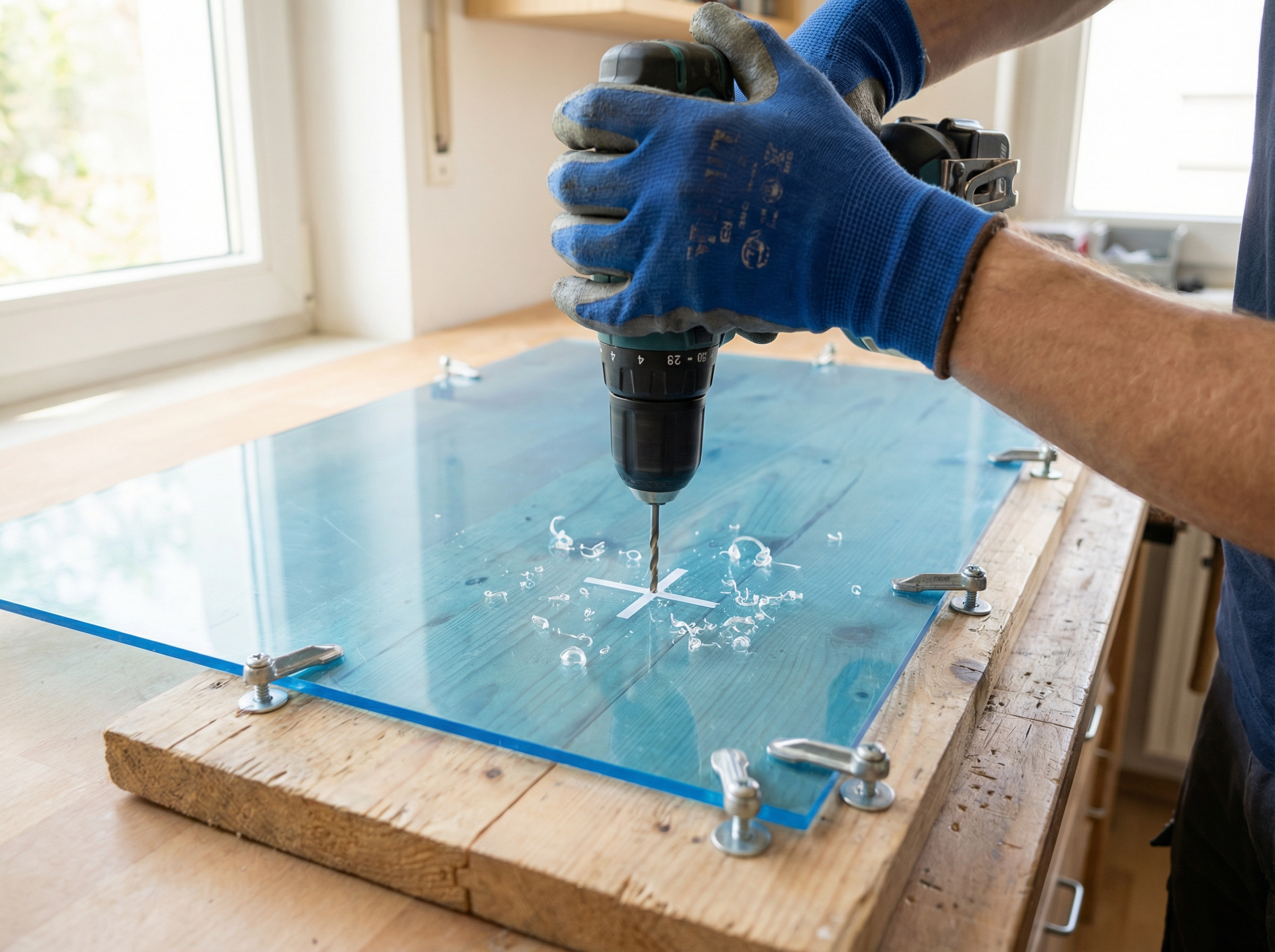 Plexiglas bohren in der Praxis: Akkuschrauber auf fixierter Acrylglasplatte mit Schutzfolie und Holzunterlage