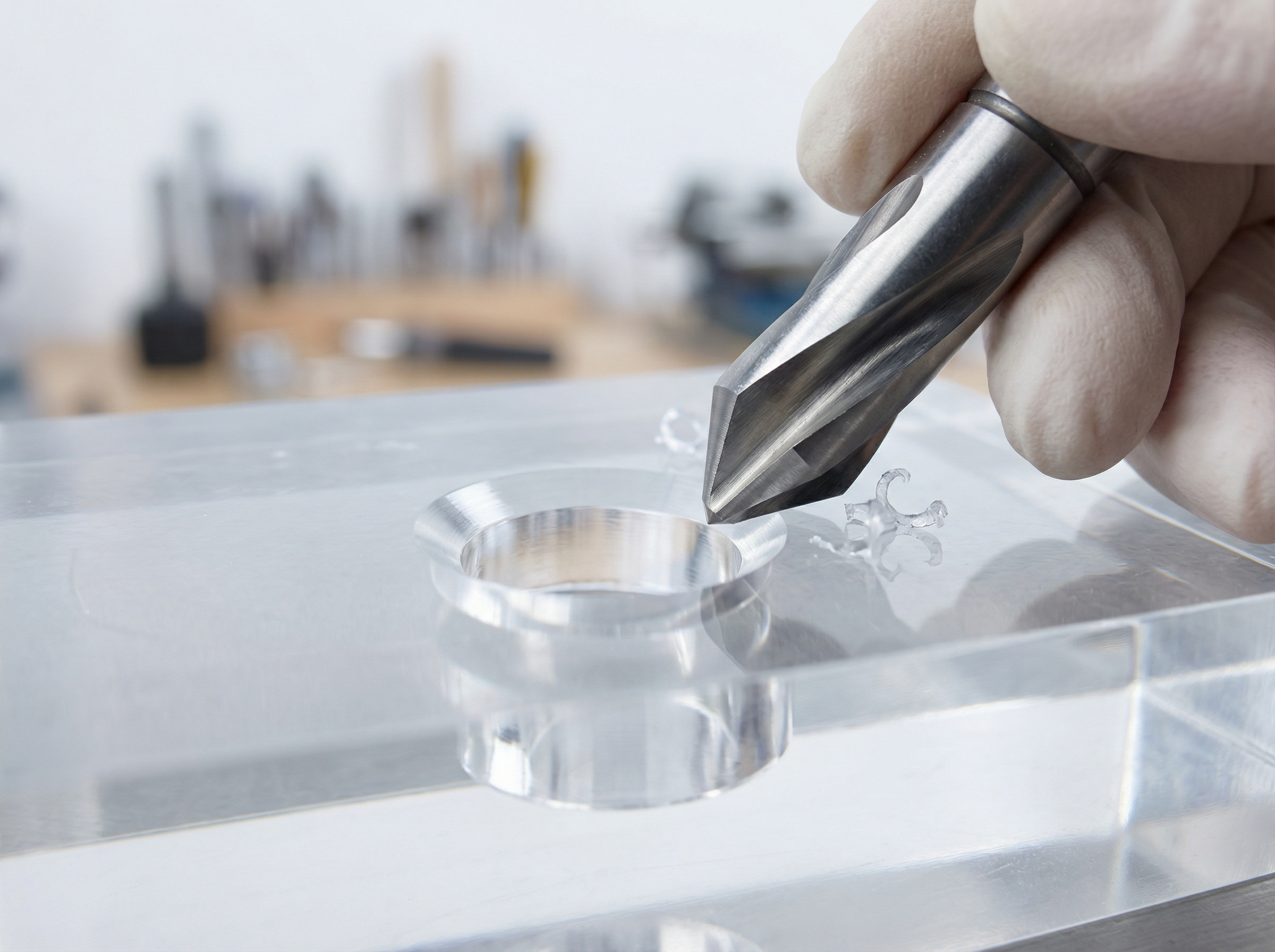 Sauber gebohrtes Loch in Acrylglas wird mit einem Senker entgratet und angefast