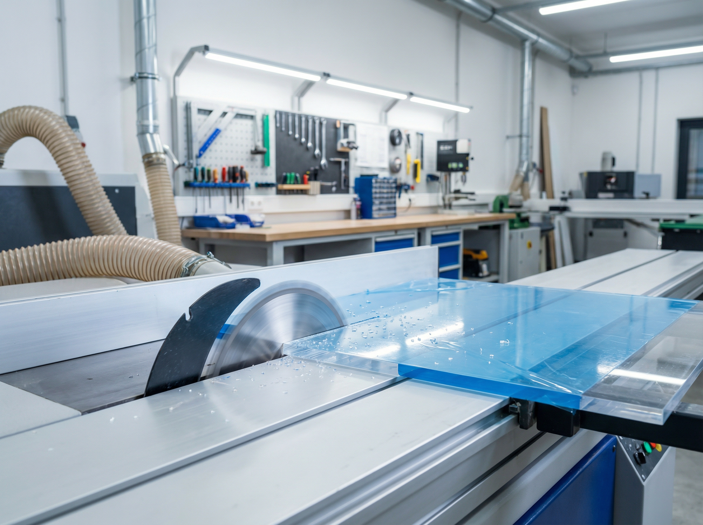 PLEXIGLAS Platte wird auf einer Tischkreissäge mit Hartmetall-Sägeblatt zugeschnitten