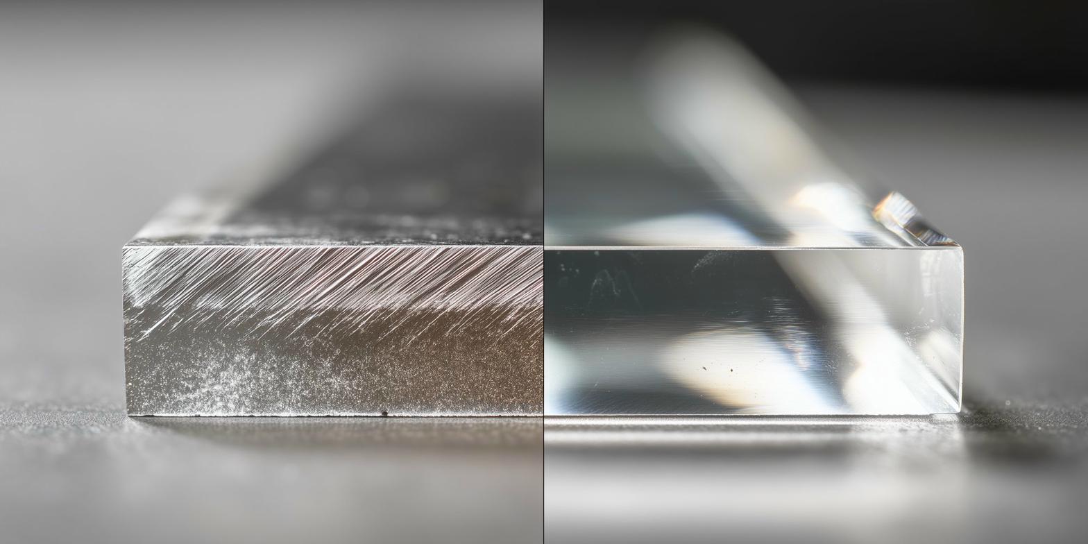 PLEXIGLAS polieren: Vorher-Nachher-Vergleich einer Schnittkante