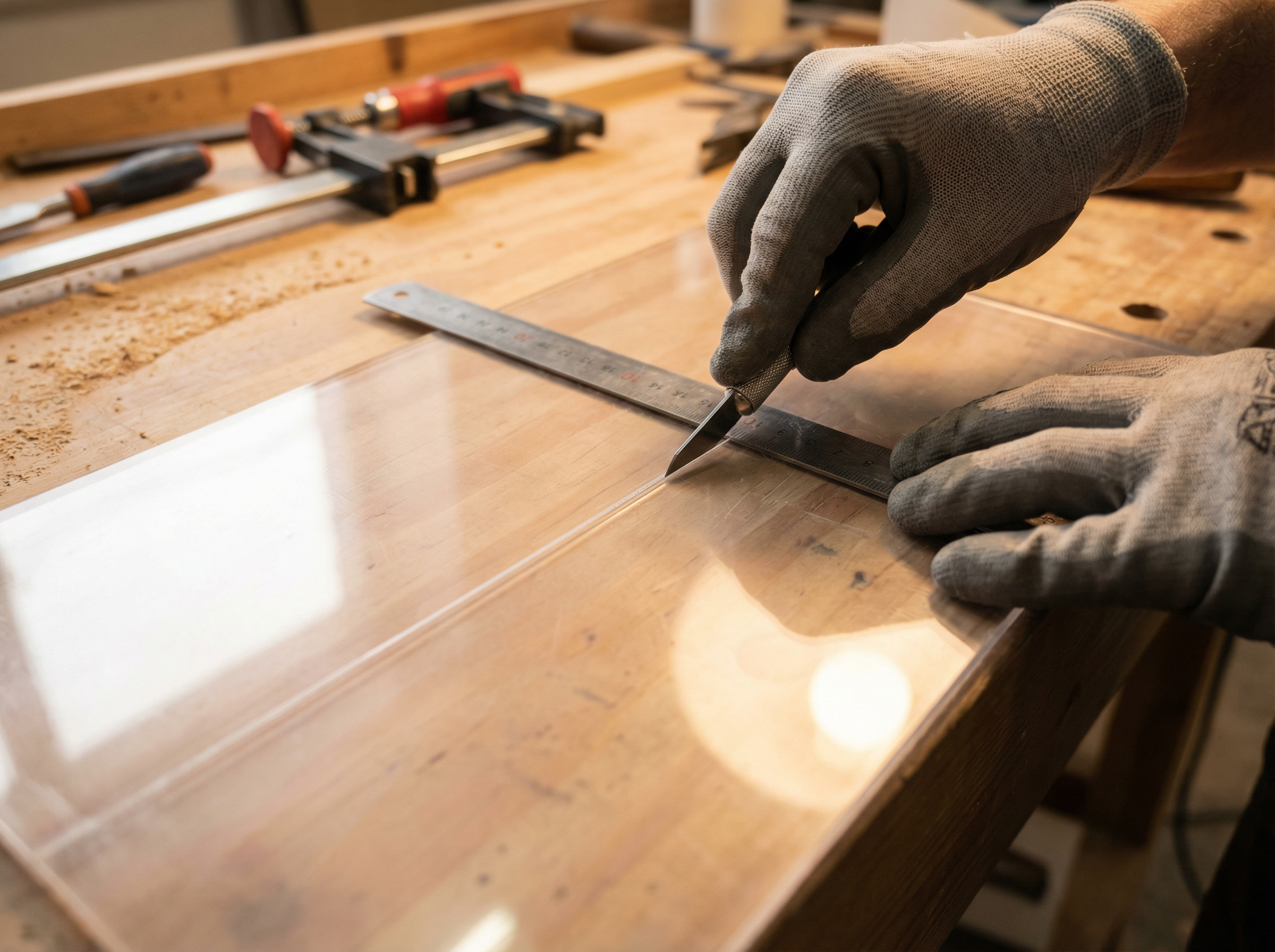 Ritzen einer dünnen PLEXIGLAS Platte mit Ritzmesser entlang eines Metalllineals