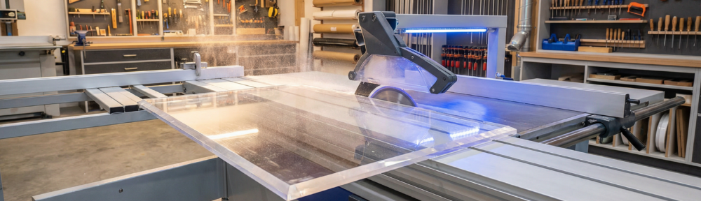Plexiglas schneiden - Header Werkstattszene mit PLEXIGLAS Platten und Werkzeug