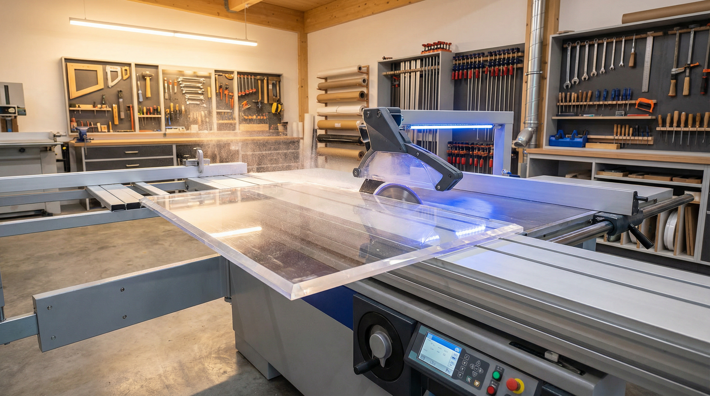 Plexiglas schneiden - Header Werkstattszene mit PLEXIGLAS Platten und Werkzeug