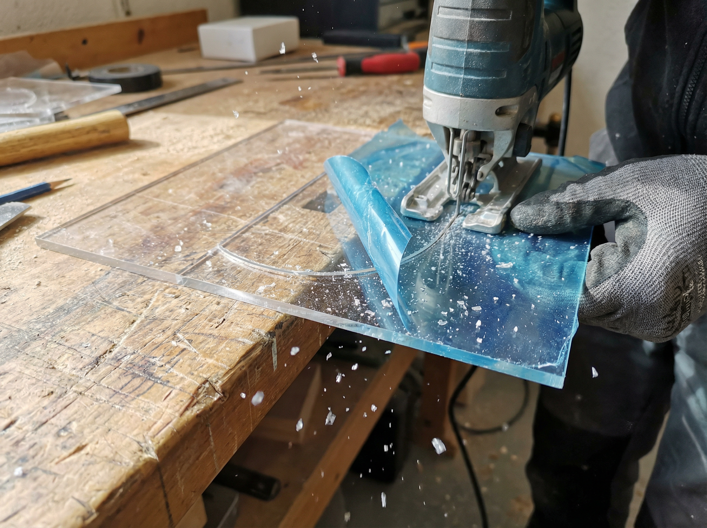 Kurvenschnitt in einer PLEXIGLAS Platte mit der Stichsäge