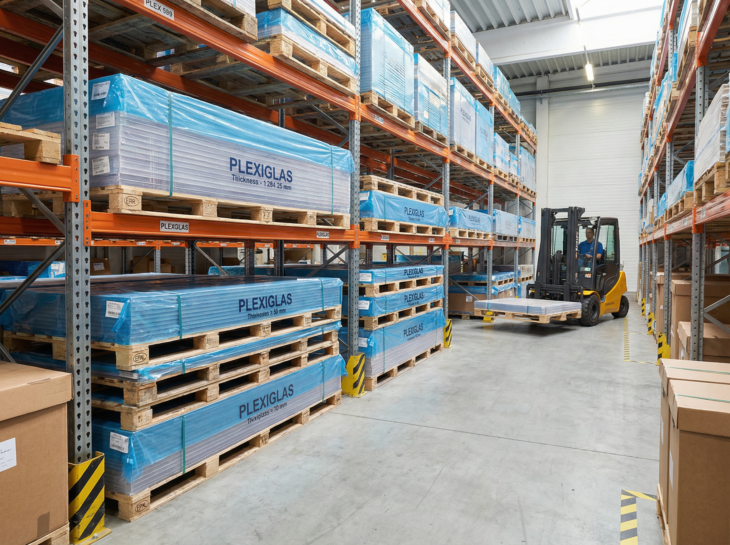 PLEXIGLAS-Platten auf Paletten im Lager — Materialbestände bei VITAdisplays