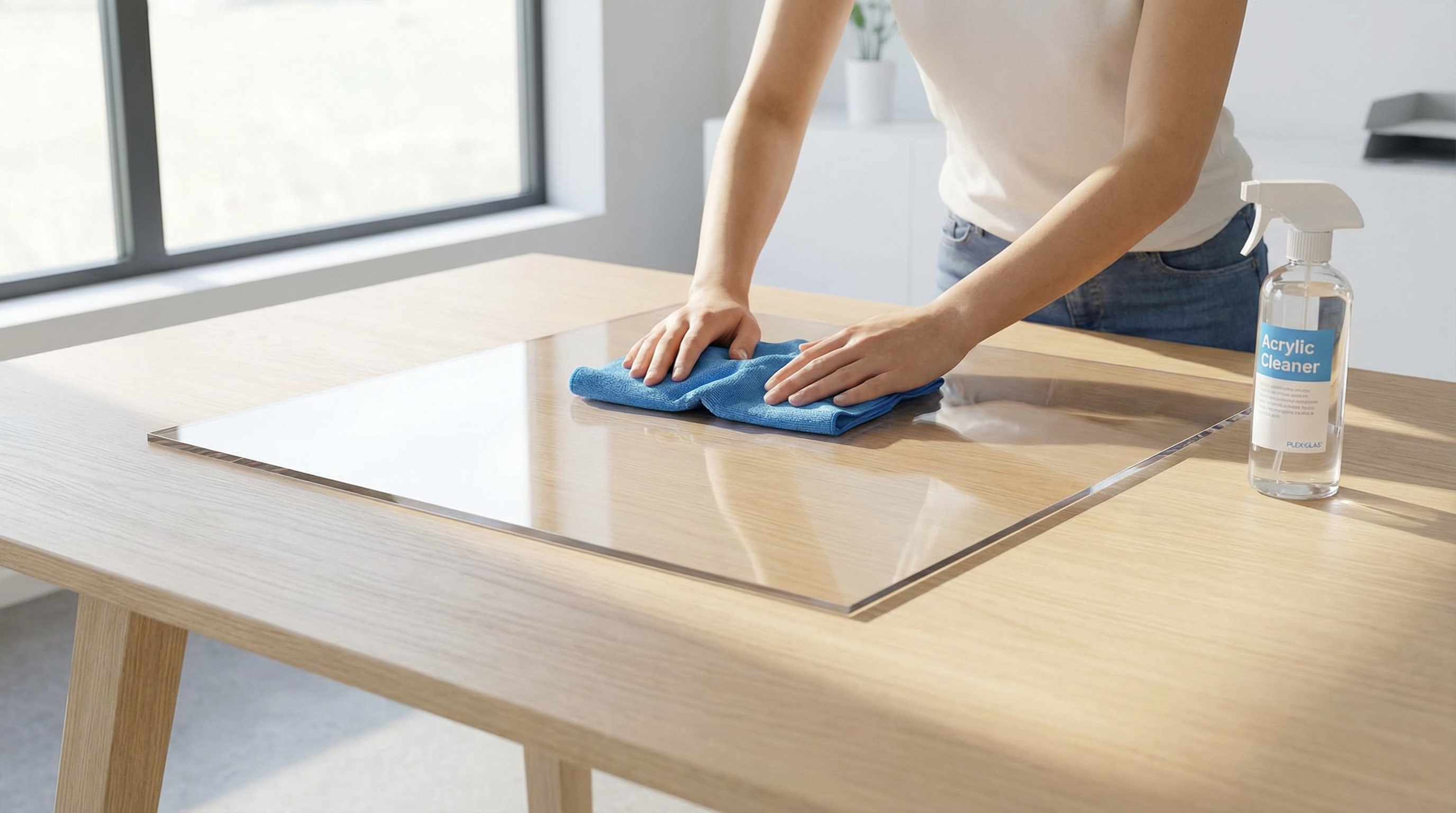 PLEXIGLAS reinigen: Person wischt mit blauem Mikrofasertuch eine kristallklare Acrylglasplatte auf hellem Holztisch