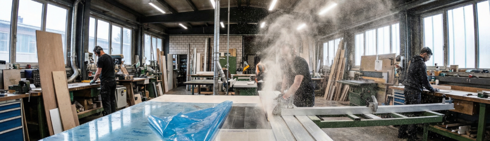 Plexiglas sägen: Kreissäge schneidet präzise eine klare PLEXIGLAS-Platte