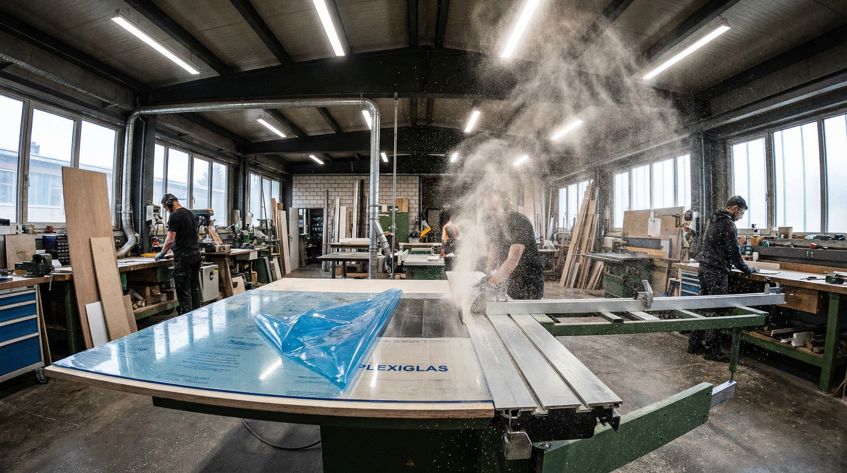 Plexiglas sägen: Kreissäge schneidet präzise eine klare PLEXIGLAS-Platte