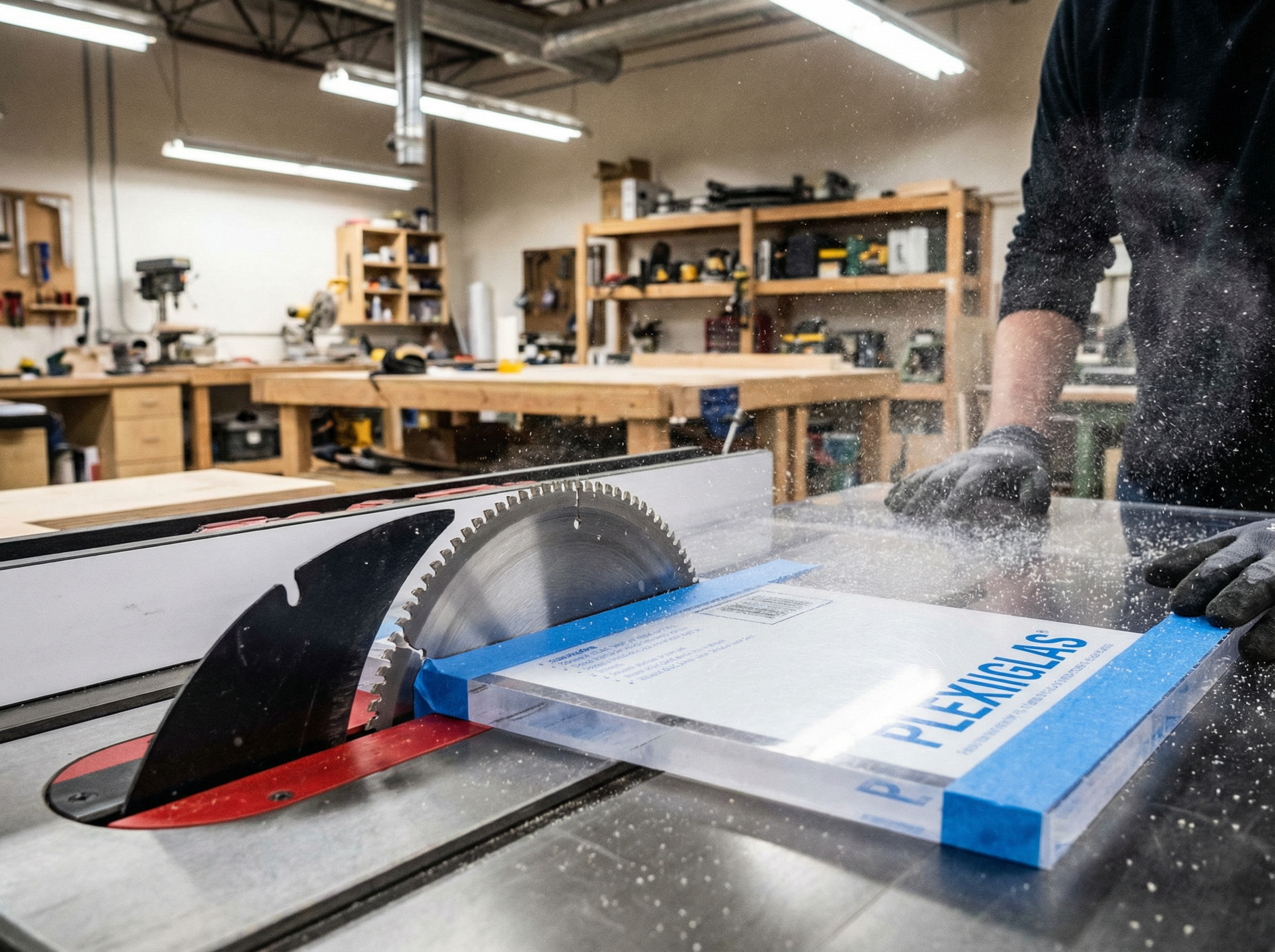 Kreissäge mit HM-Sägeblatt trennt Acrylglasplatte bei optimaler Drehzahl