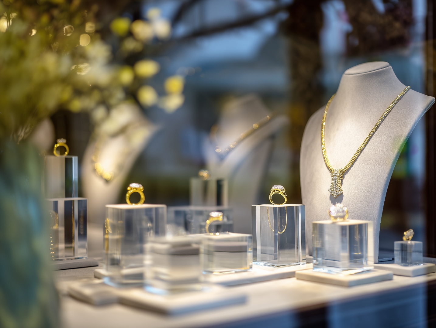 Schmuck-Schaufenster mit Goldschmuck auf transparenten Acrylglas-Displays – Anwendung im Einzelhandel