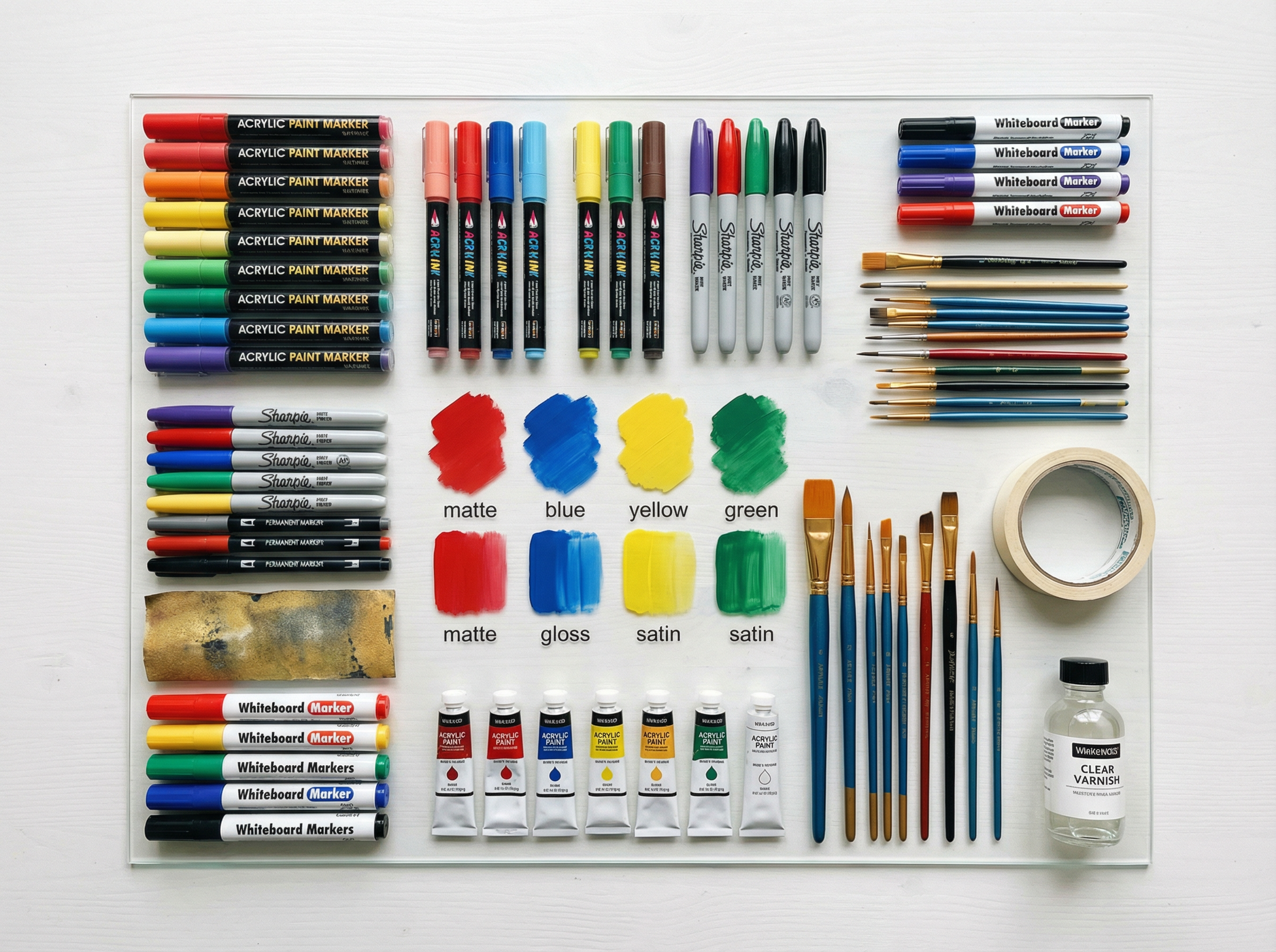 Acrylmarker, Permanentmarker, Boardmarker und Acrylfarben auf transparenter Acrylplatte