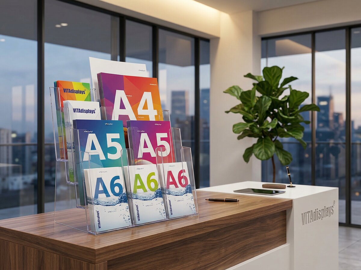 4C330 Multi-Etagen-Display an einem modernen Empfangstresen