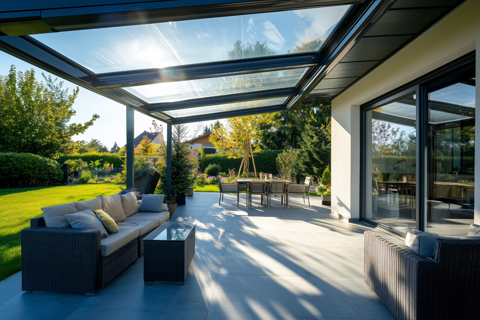 Moderne Terrassenüberdachung aus transparenten Acrylglas-Paneelen mit Gartenmöbeln und Sonnenlicht