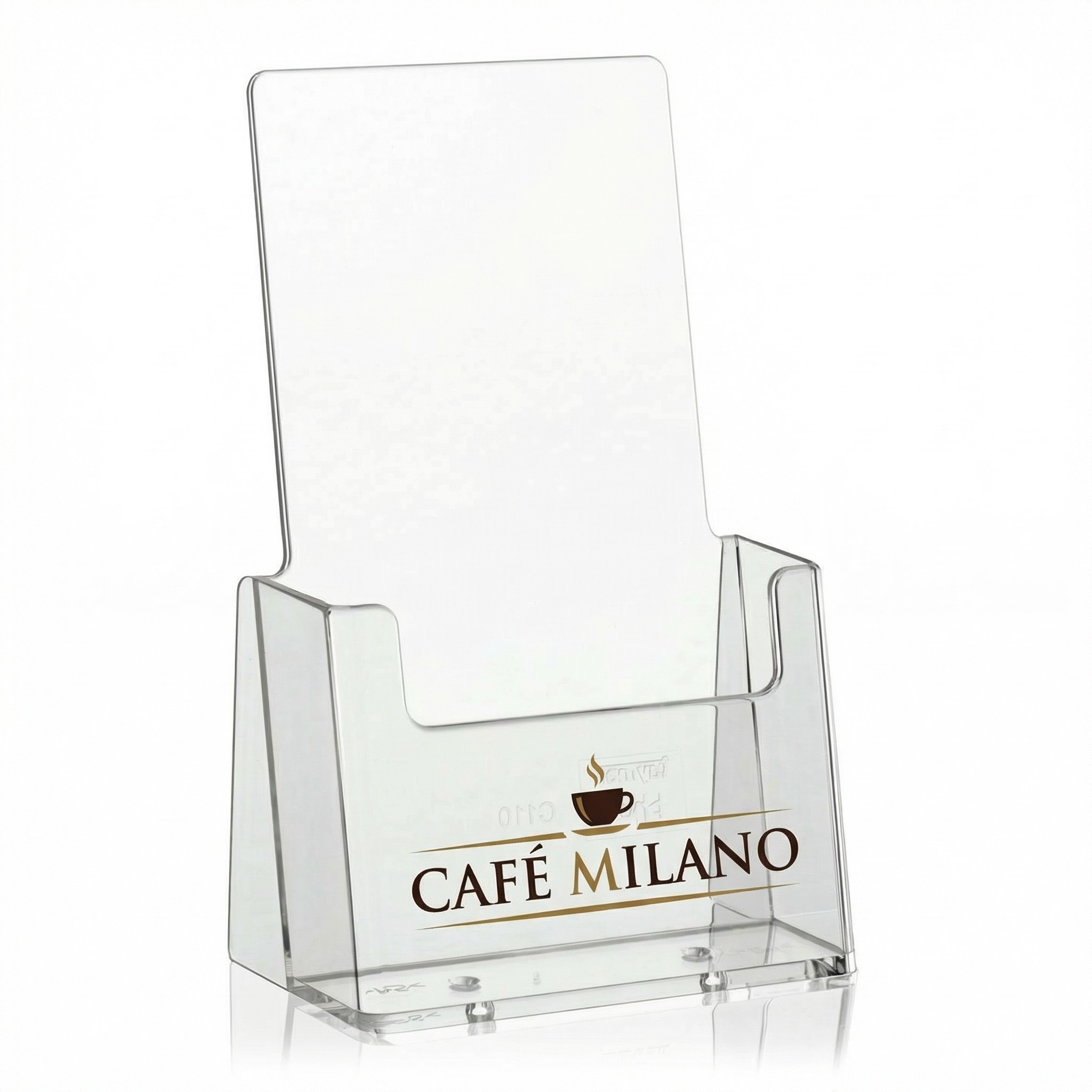 Bedruckter Prospektständer VA-110 DIN lang mit Café Milano Logo im UV-Direktdruck