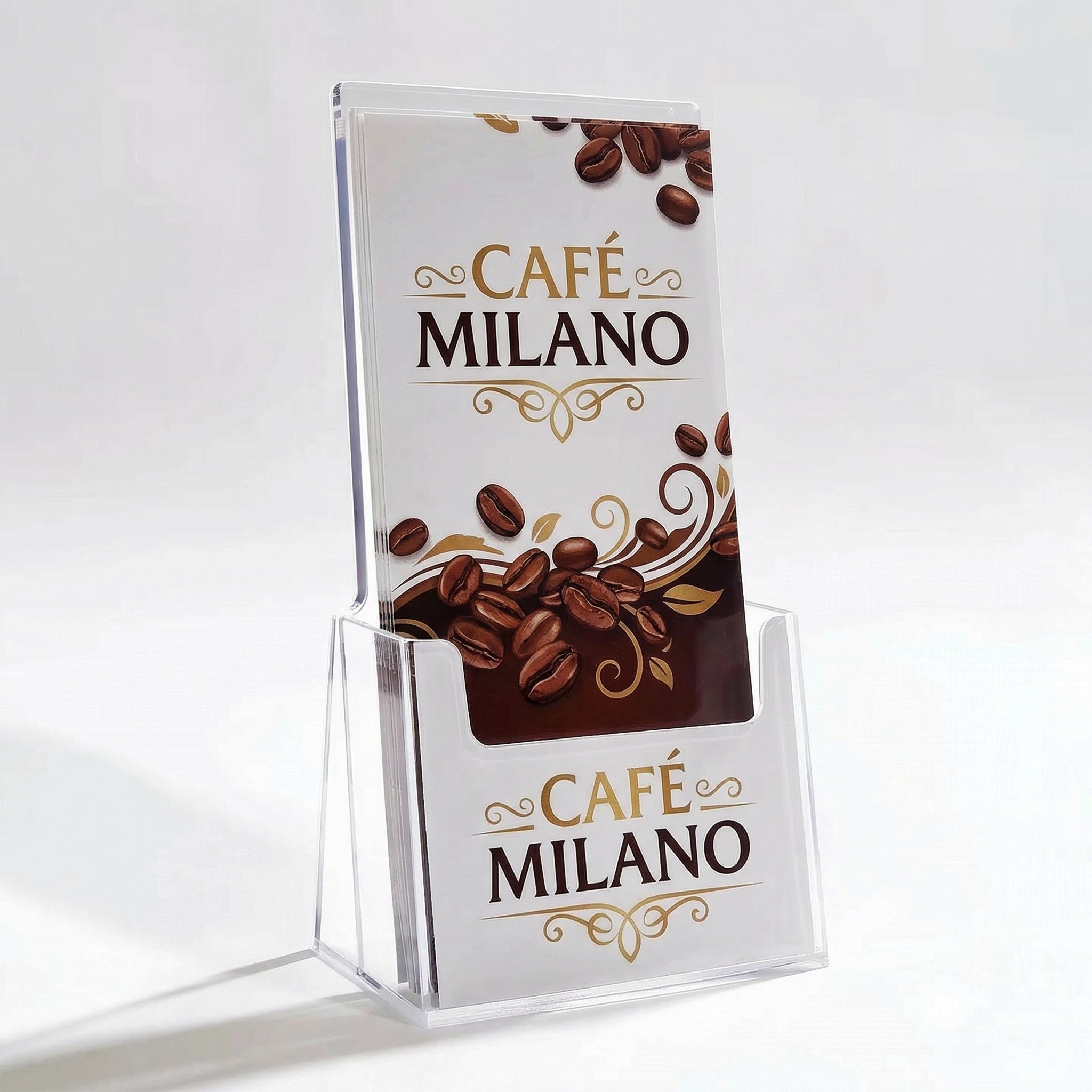 Bedruckter Prospektständer VA-110 DIN lang mit Café Milano Logo im UV-Direktdruck