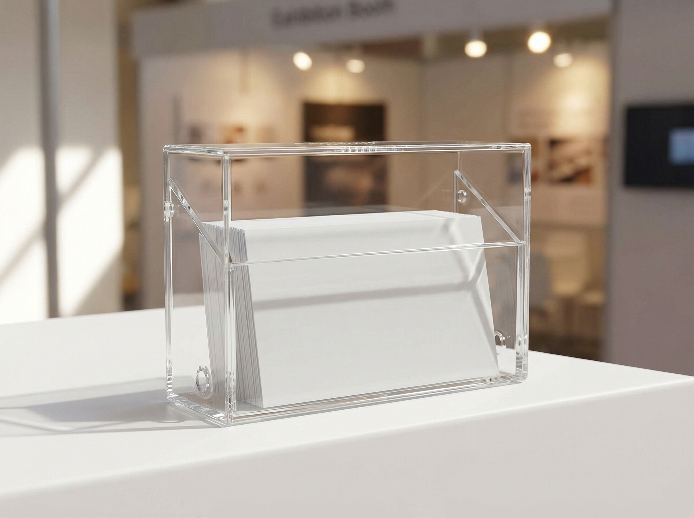 Visitenkartenbox mit Deckel auf einem Messestand