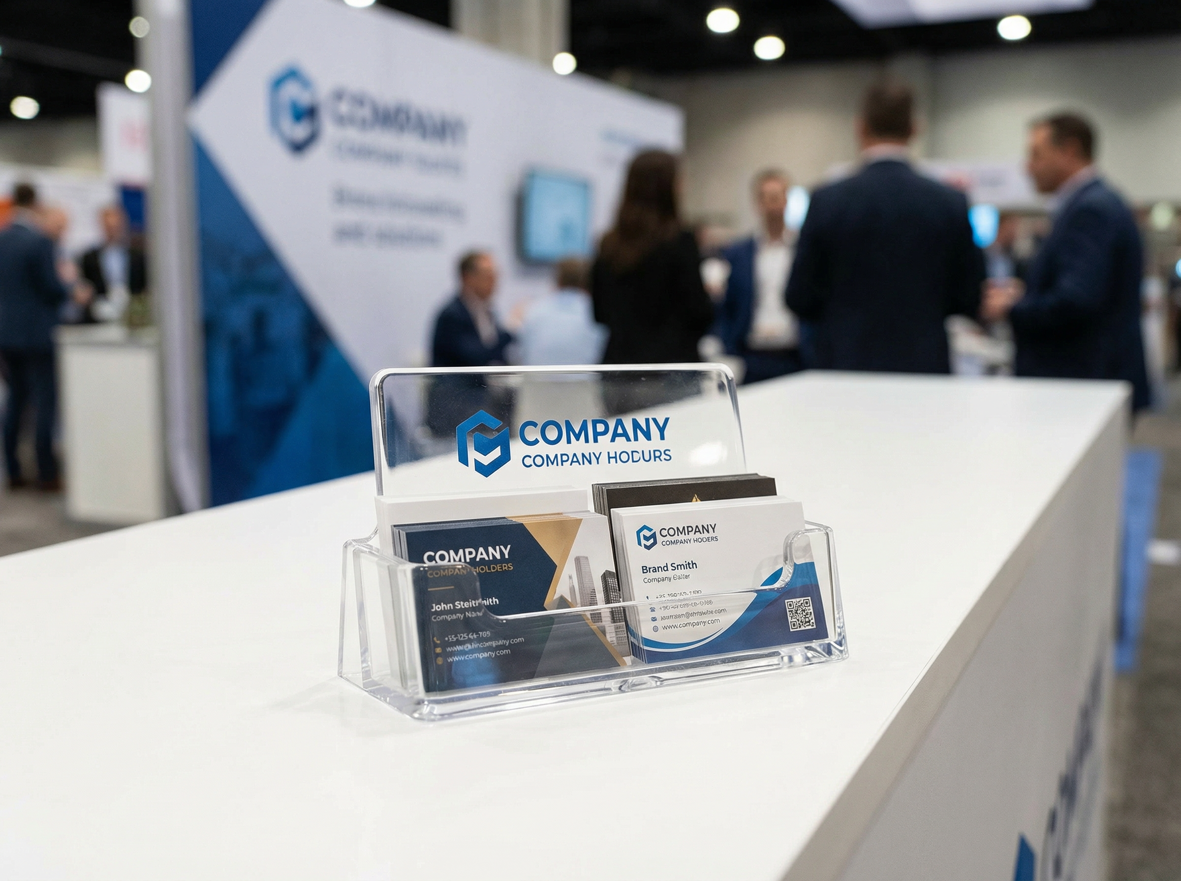 Bedruckter Visitenkartenhalter mit Firmenlogo auf einer Messe