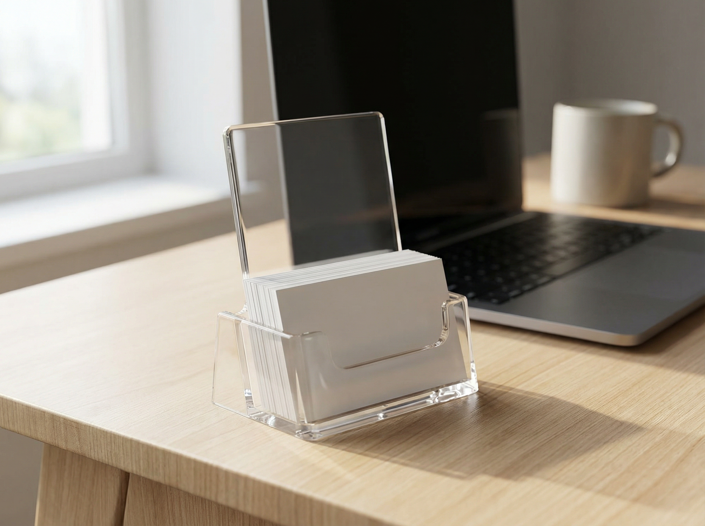 Visitenkartenständer im Hochformat auf einem Schreibtisch