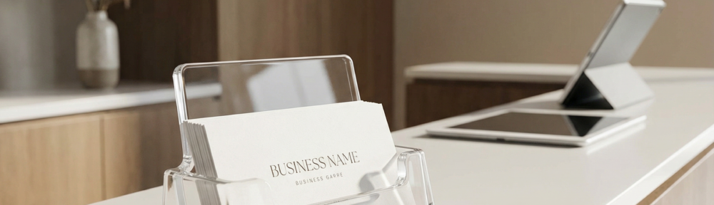 Visitenkartenhalter im Querformat auf einem Empfangstresen