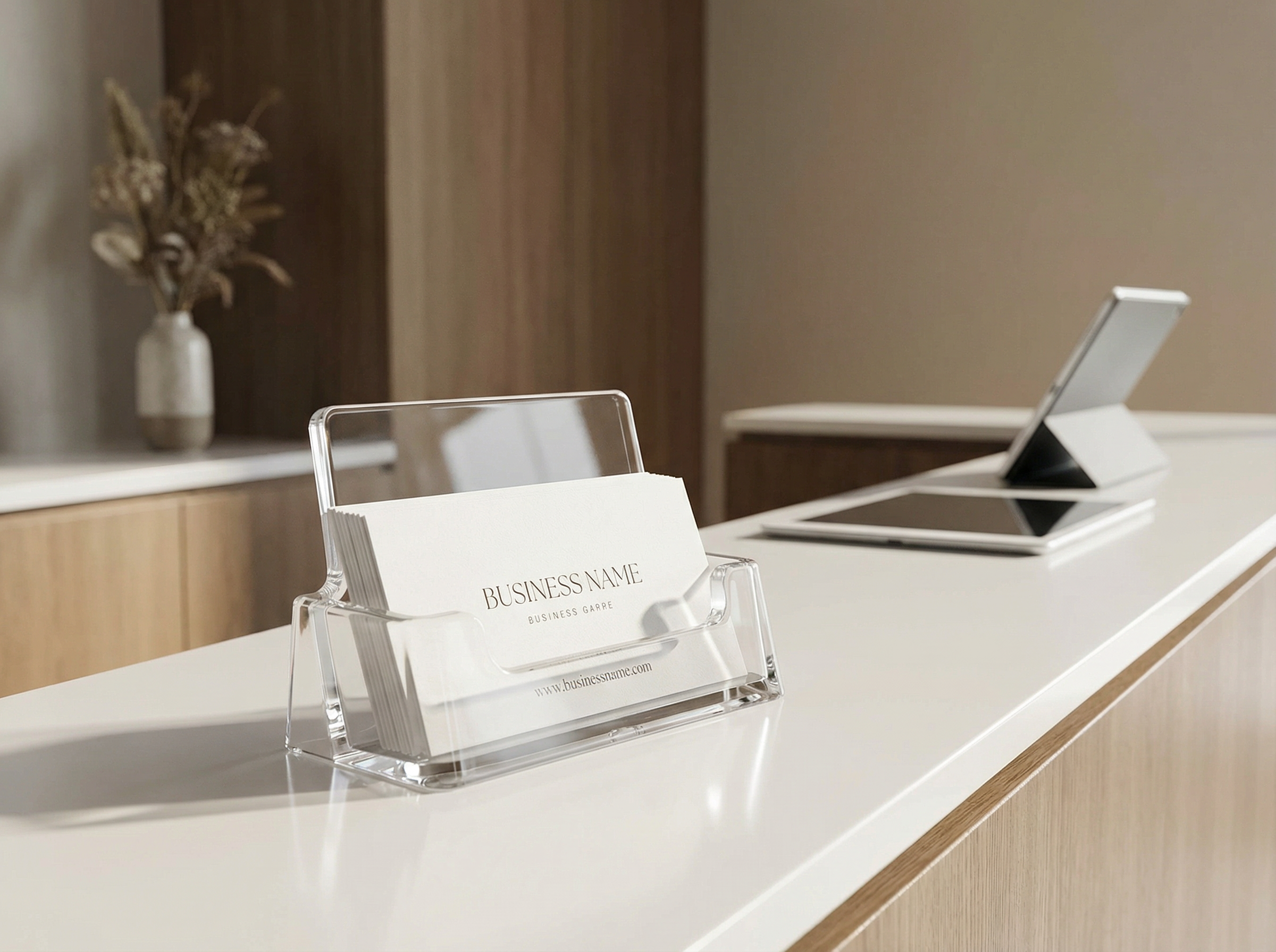 Visitenkartenhalter im Querformat auf einem Empfangstresen