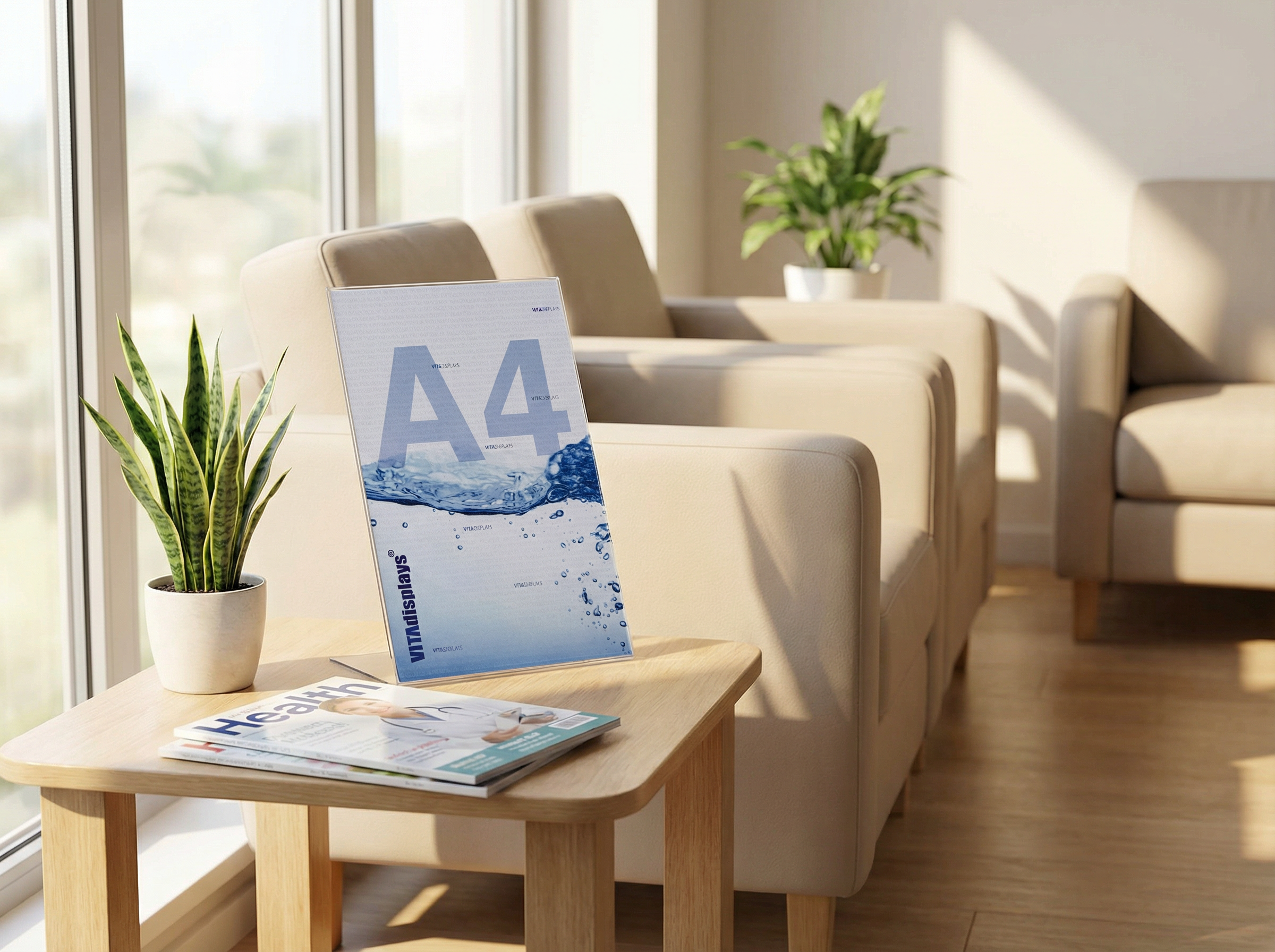 PLEXIGLAS Werbeaufsteller im Wartezimmer einer Arztpraxis