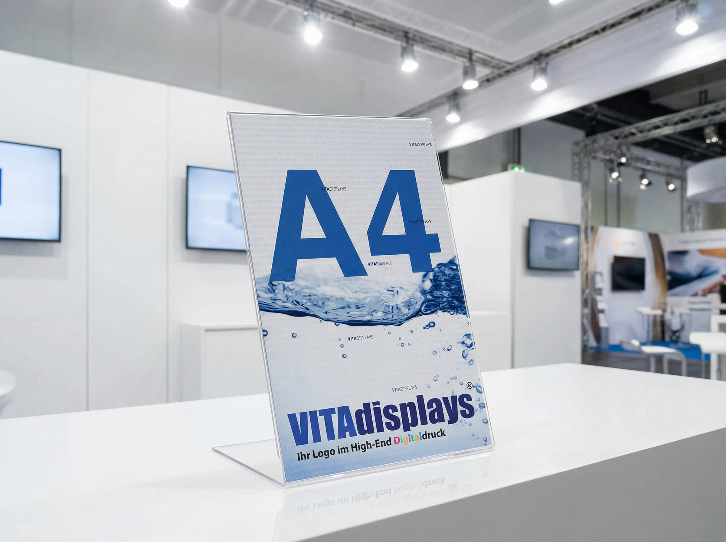 Bedruckter Werbeaufsteller aus PLEXIGLAS auf einer Messe
