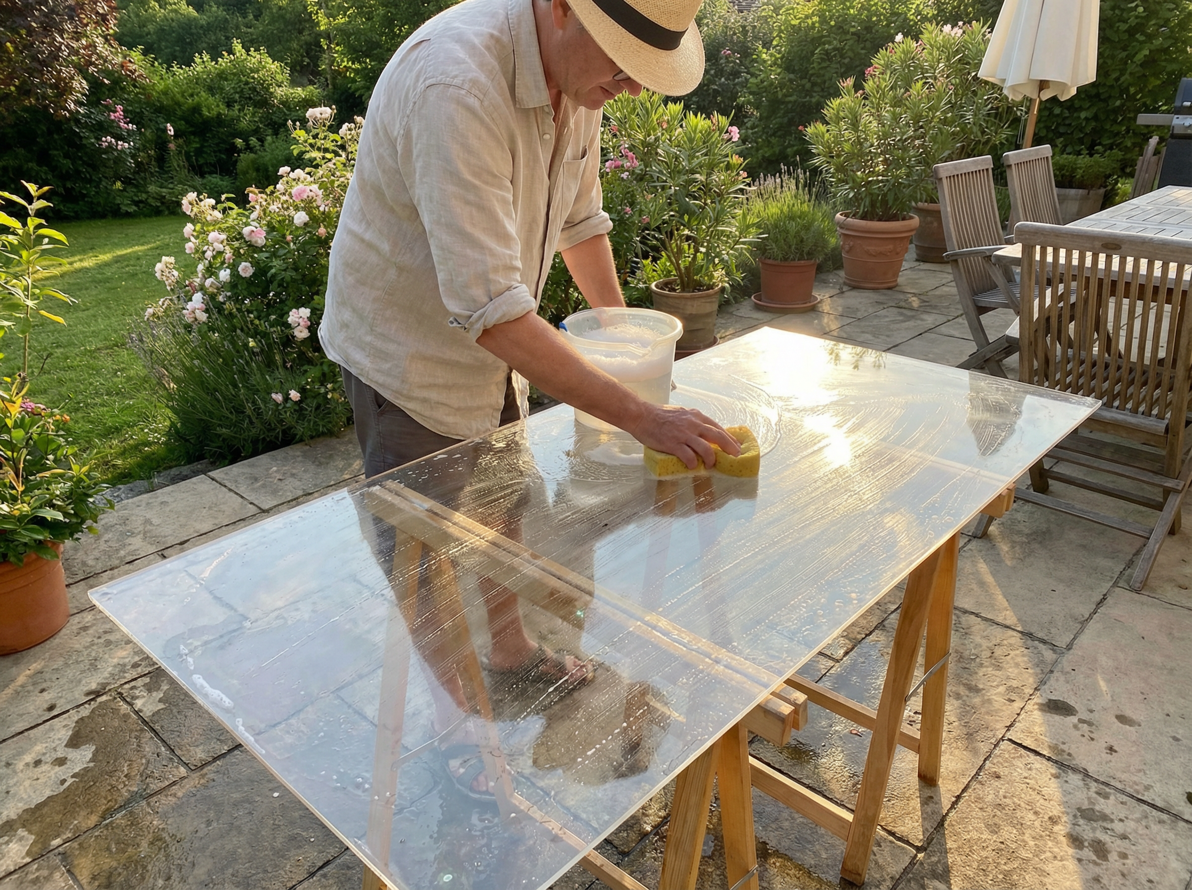 Plexiglas Windschutz reinigen: Person wischt Outdoor-Acrylglasplatte mit Schwamm und Seifenwasser