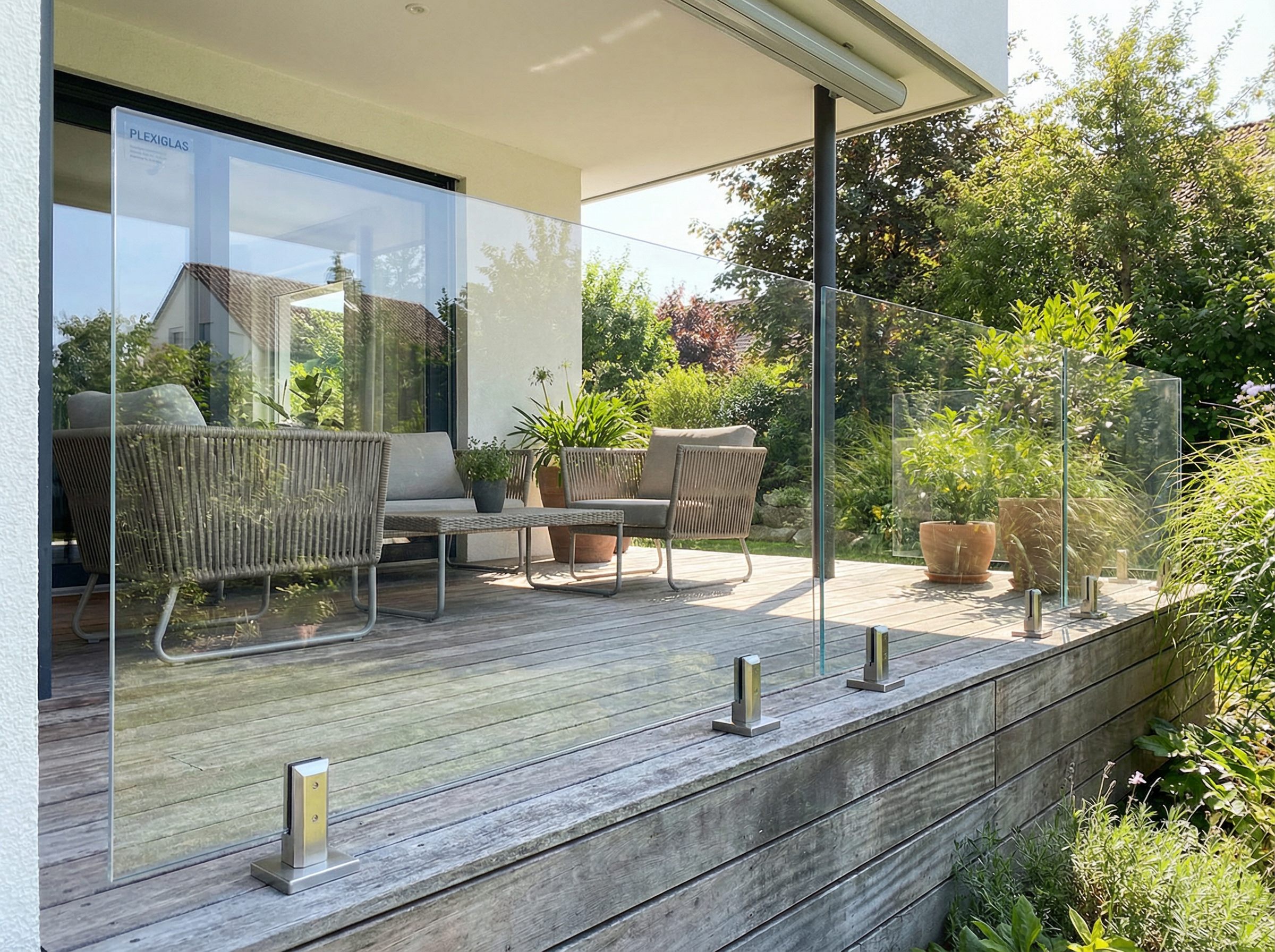 Transparenter PLEXIGLAS-Windschutz auf moderner Terrasse