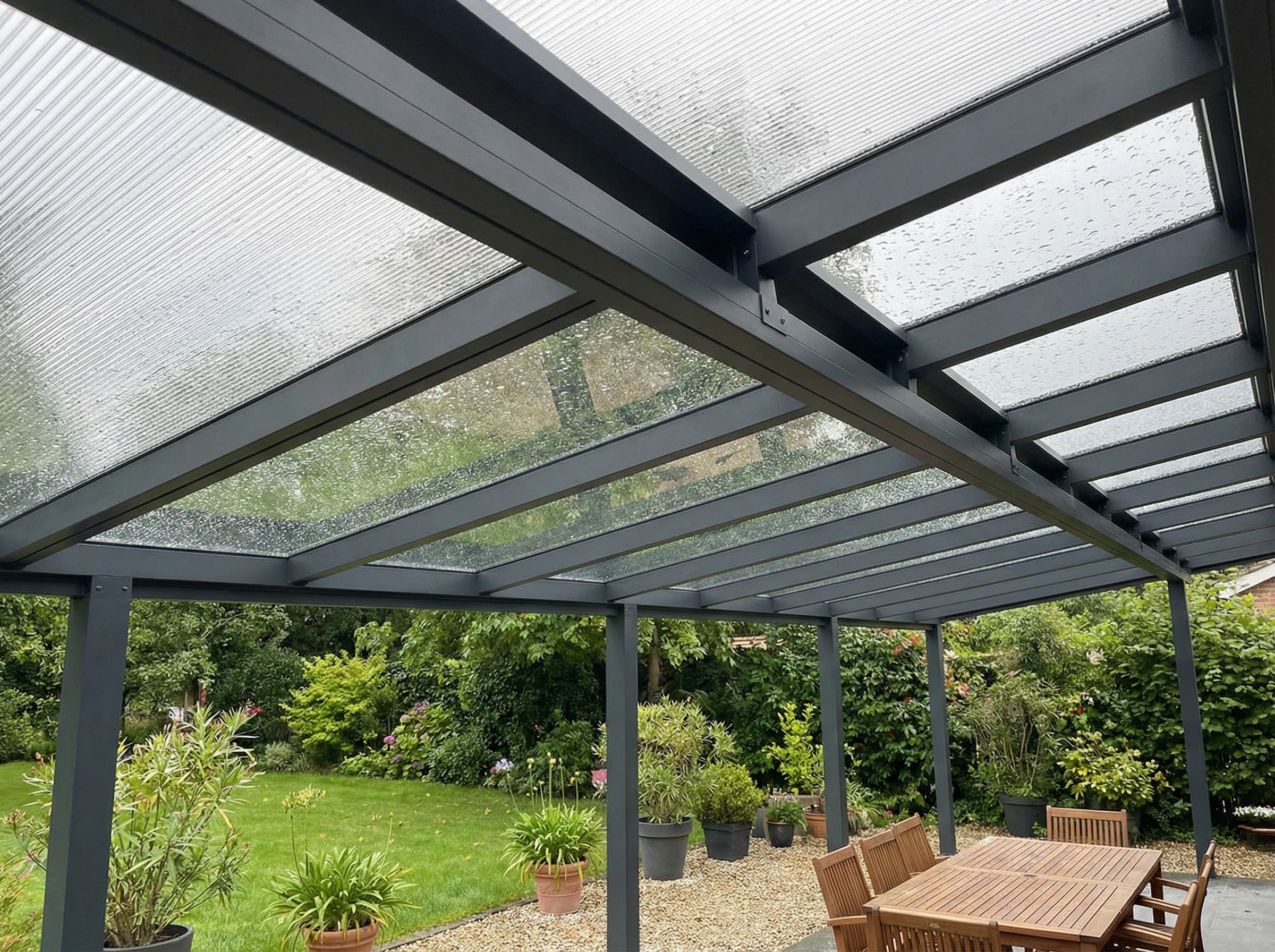 Terrassenüberdachung aus Acrylglas-Stegplatten mit Aluminium-Konstruktion bei Regen