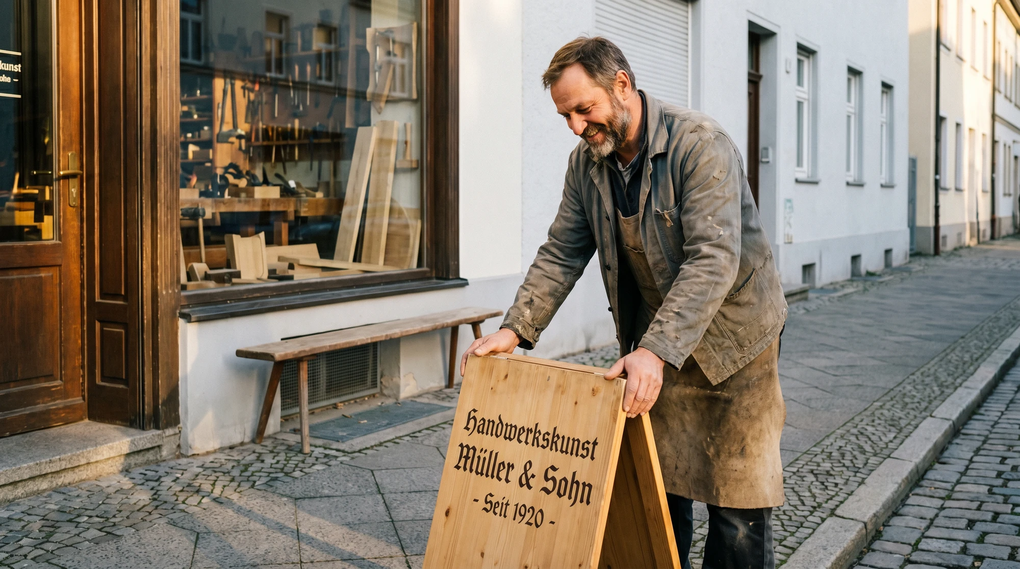 Handwerker richtet einen hölzernen Werbeaufsteller vor seinem Geschäft auf dem Gehweg aus