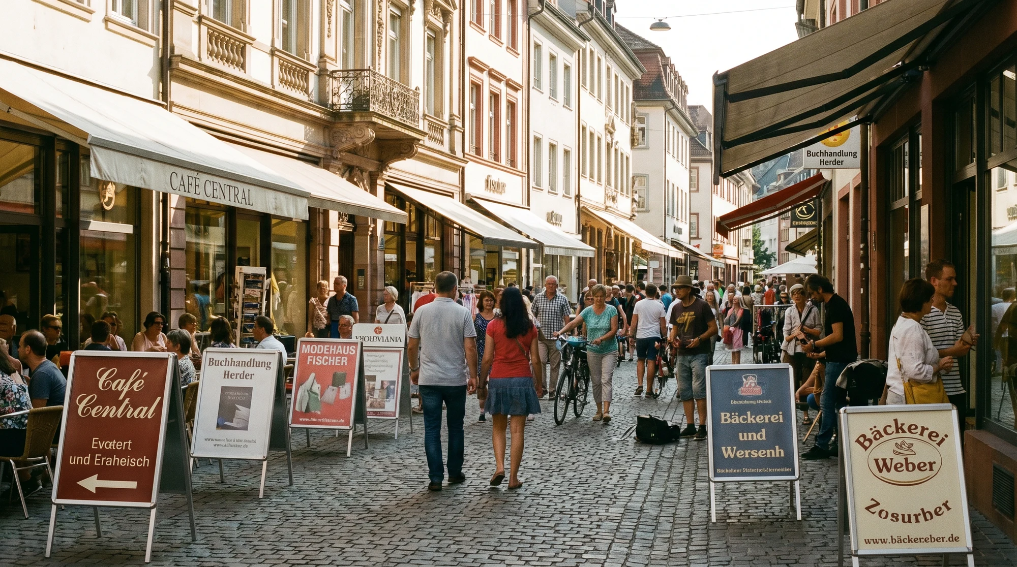 Mehrere Werbeaufsteller vor verschiedenen Geschäften in einer belebten deutschen Einkaufsstraße