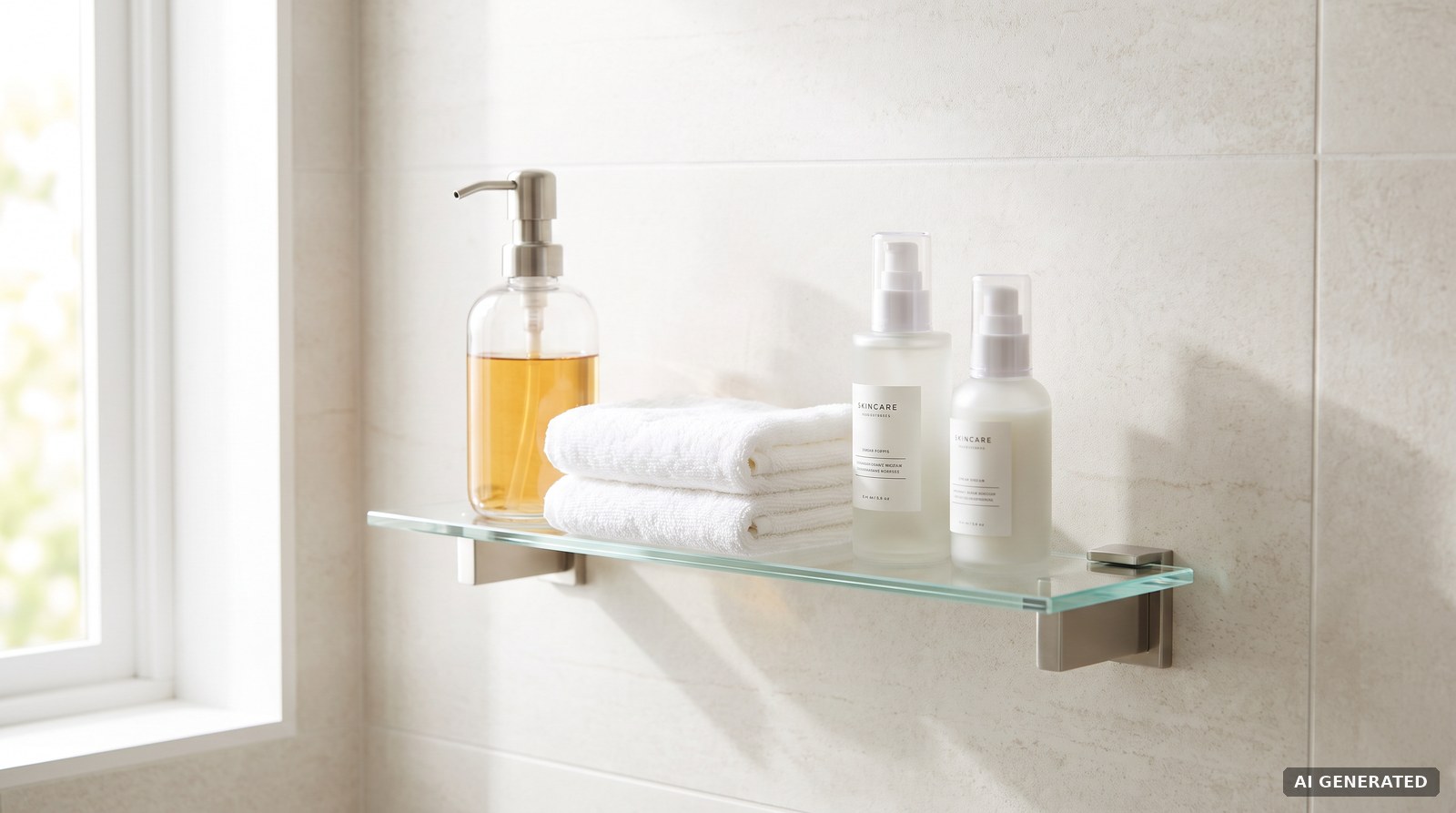Schmale Acrylglas-Ablage im Badezimmer mit Seifenspender und Handtüchern