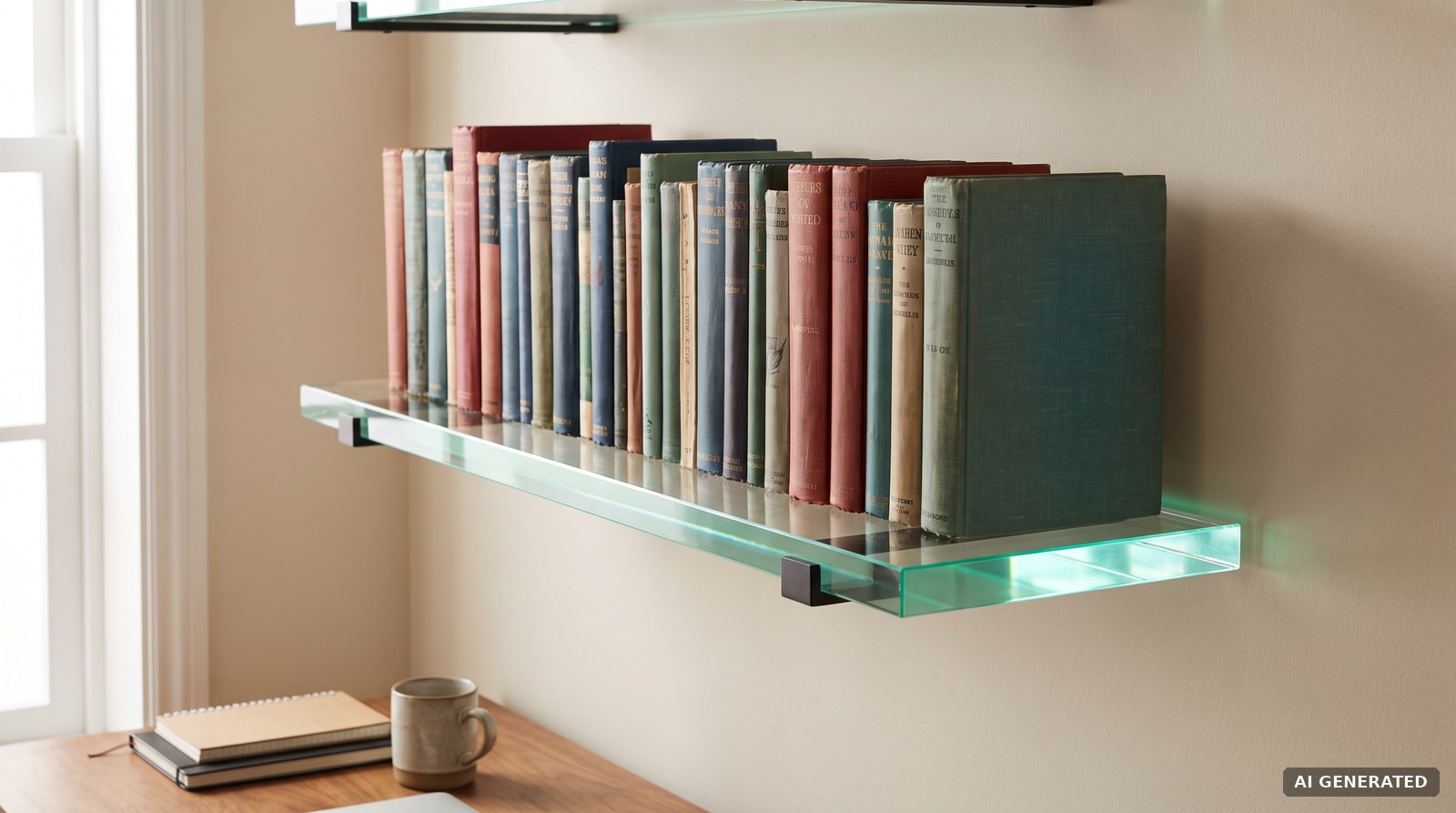 Bücherregal aus 20 mm starkem Acrylglas mit dicht gestellten Hardcover-Büchern