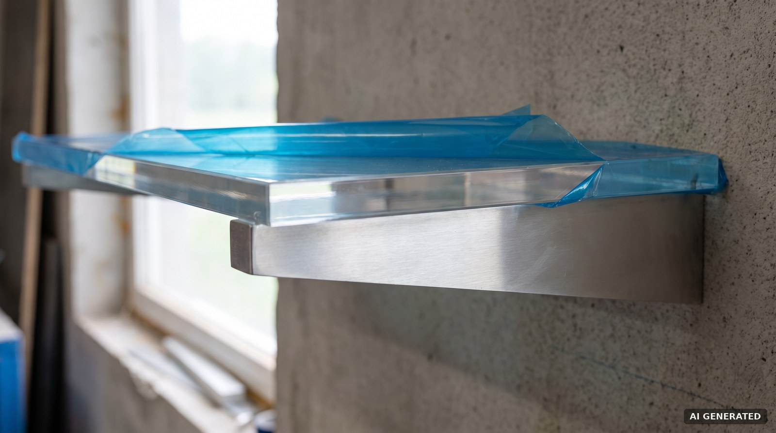 Acrylglasplatte auf breitem Aluminium-Auflager, Schutzfolie teilweise abgezogen