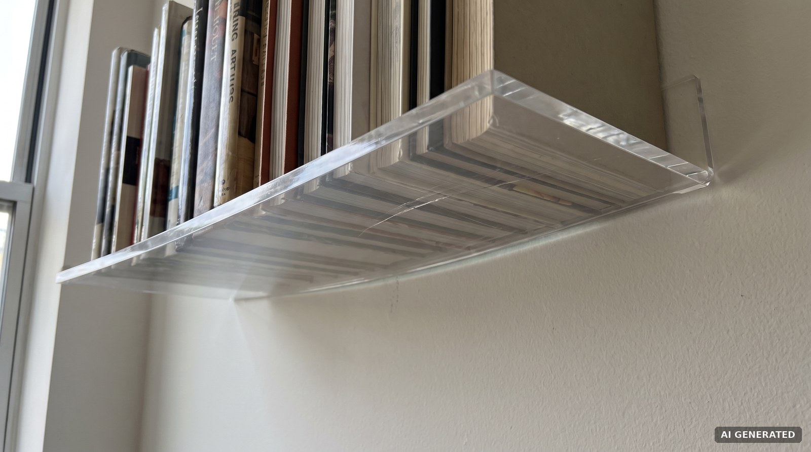 Durchgebogener Plexiglas Regalboden unter der Last von Zeitschriften
