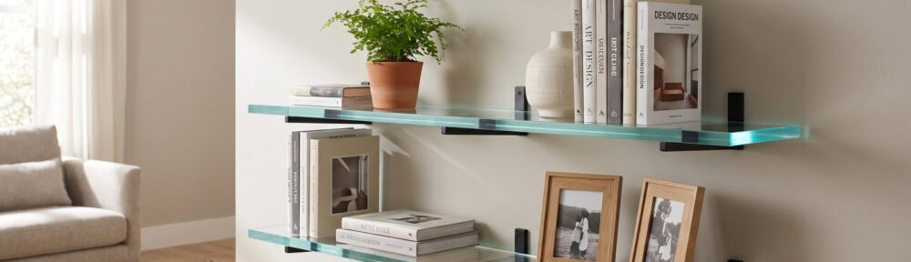 Plexiglas Regalboden mit Büchern und Dekoration auf Wandhalterungen
