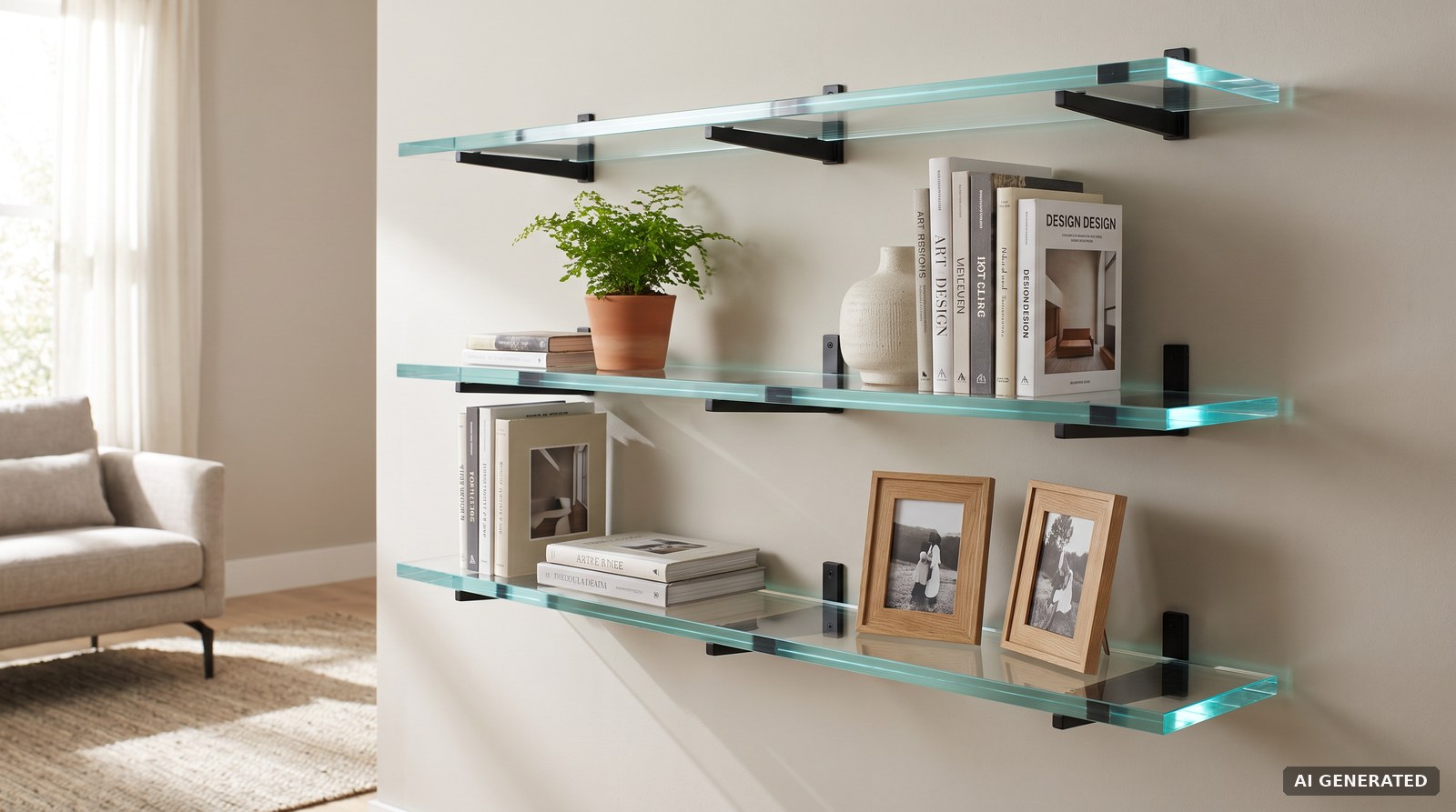 Plexiglas Regalboden mit Büchern und Dekoration auf Wandhalterungen